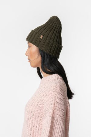Merino Handknit Thick Rib Hat in Olive Green