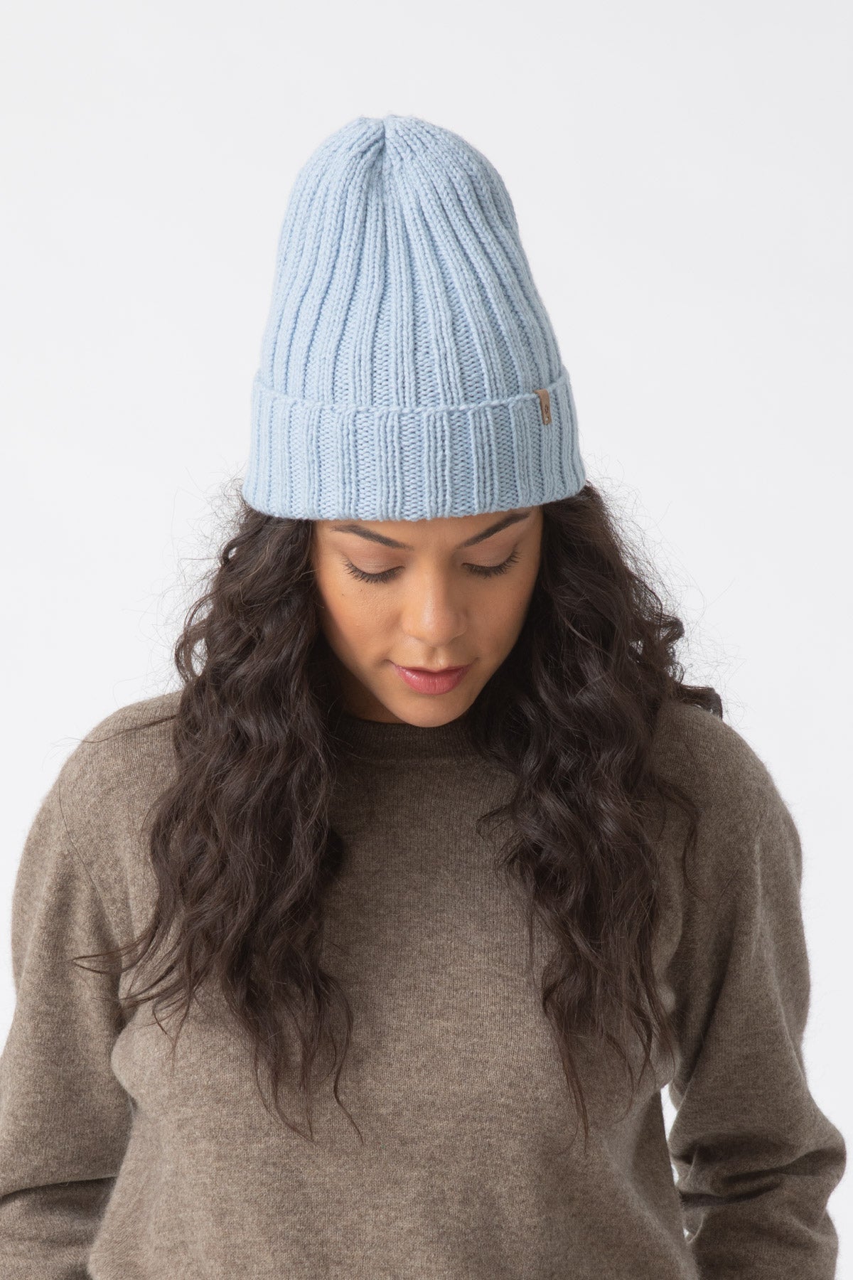Merino Handknit Thick Rib Hat in Mist Blue