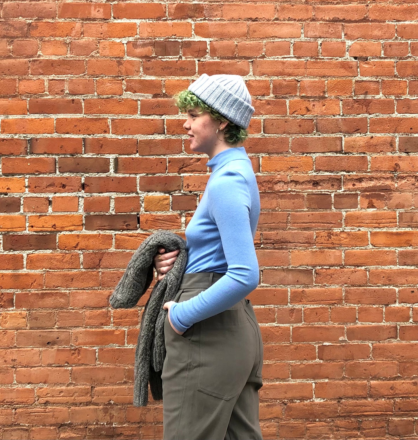 Merino Handknit Thick Rib Hat in Mist Blue