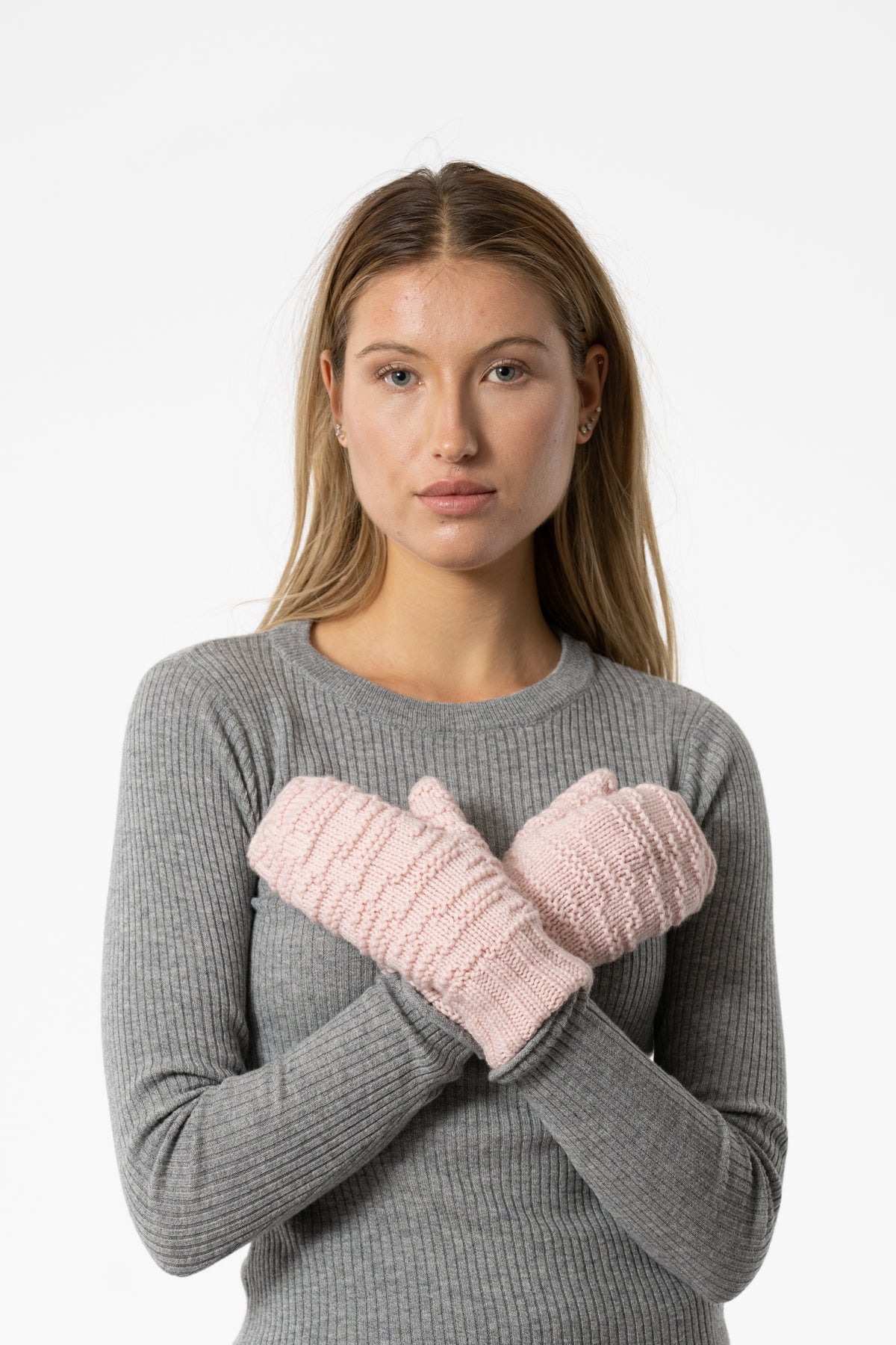 Merino Handknit Purlstripe Mittens in Blush Pink
