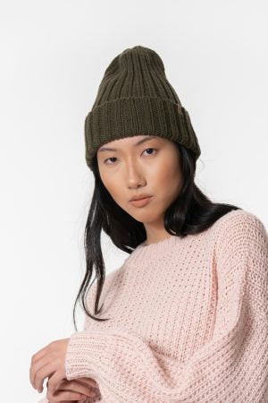 Merino Handknit Thick Rib Hat in Olive Green
