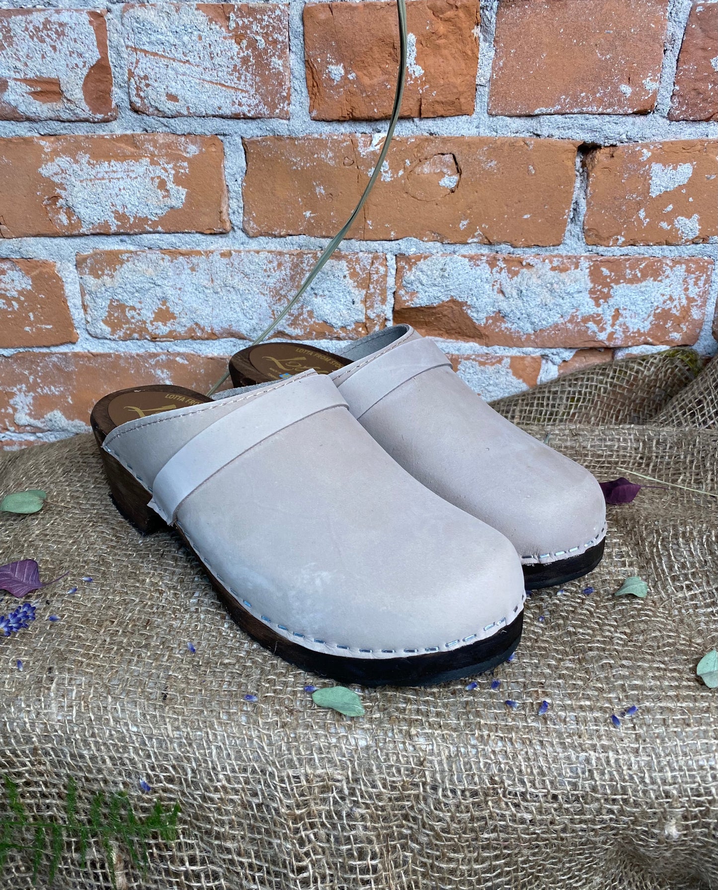 Lotta from Stockholm Classic Oatmeal Nubuck Clogs on Brown Base