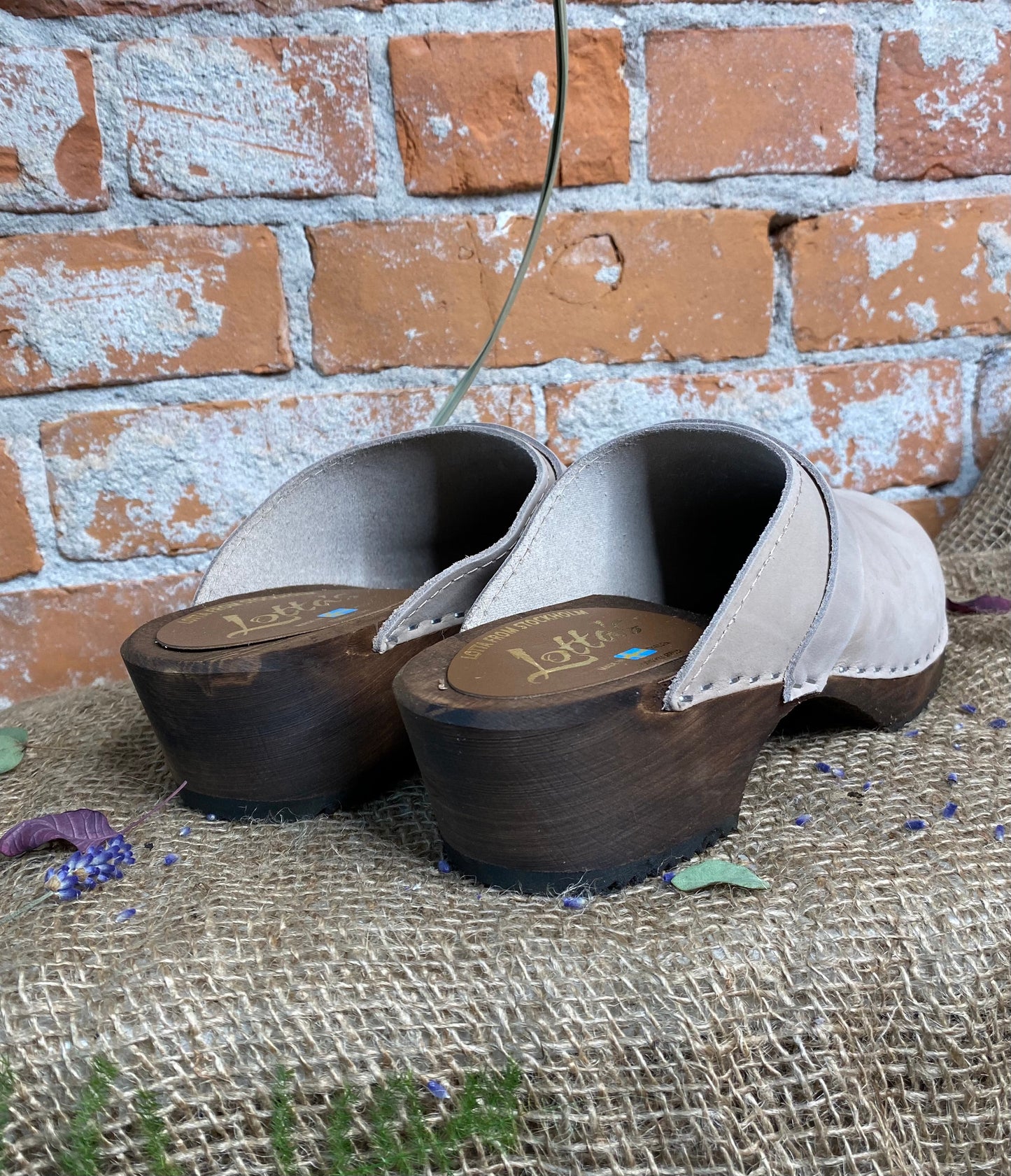 Lotta from Stockholm Classic Oatmeal Nubuck Clogs on Brown Base