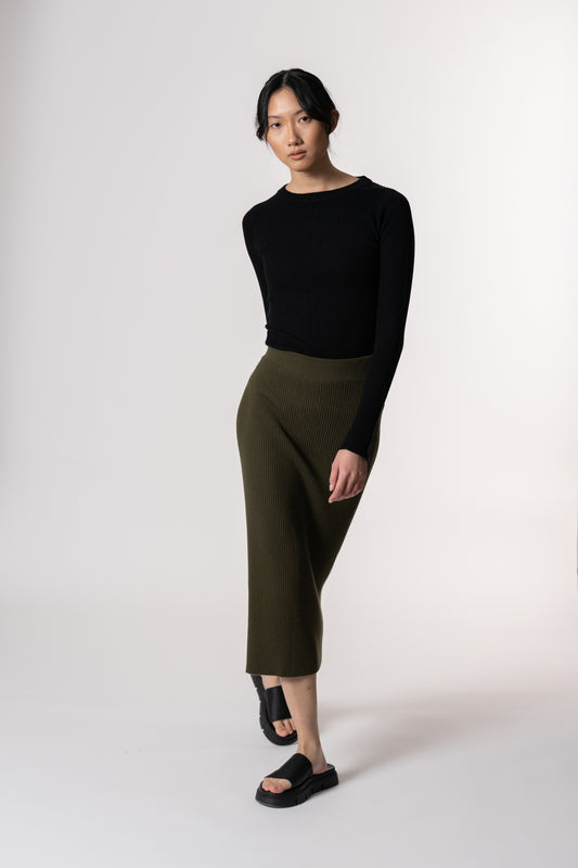 Merino Rib Skirt In Olive Green