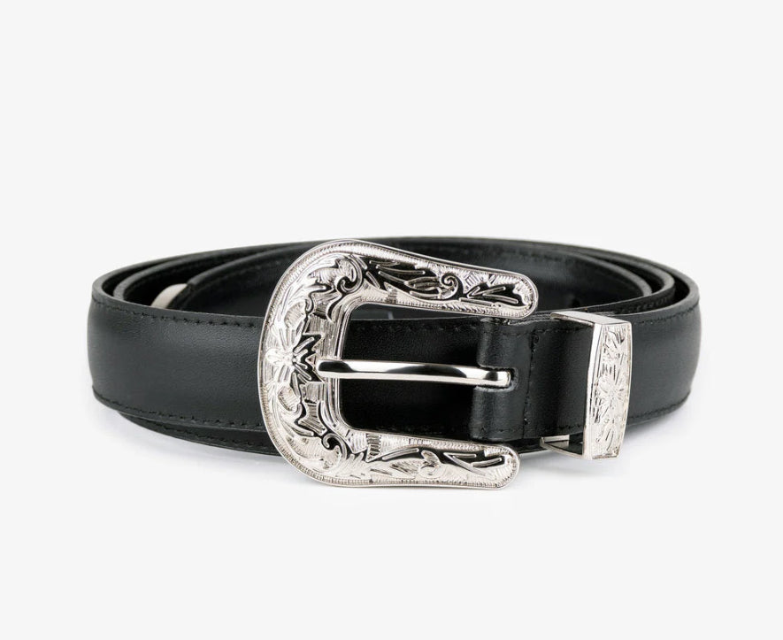 Ethically made black belt with detailed silver buckle from sustainable accessories collection. Textile Apparel in Kelowna, BC