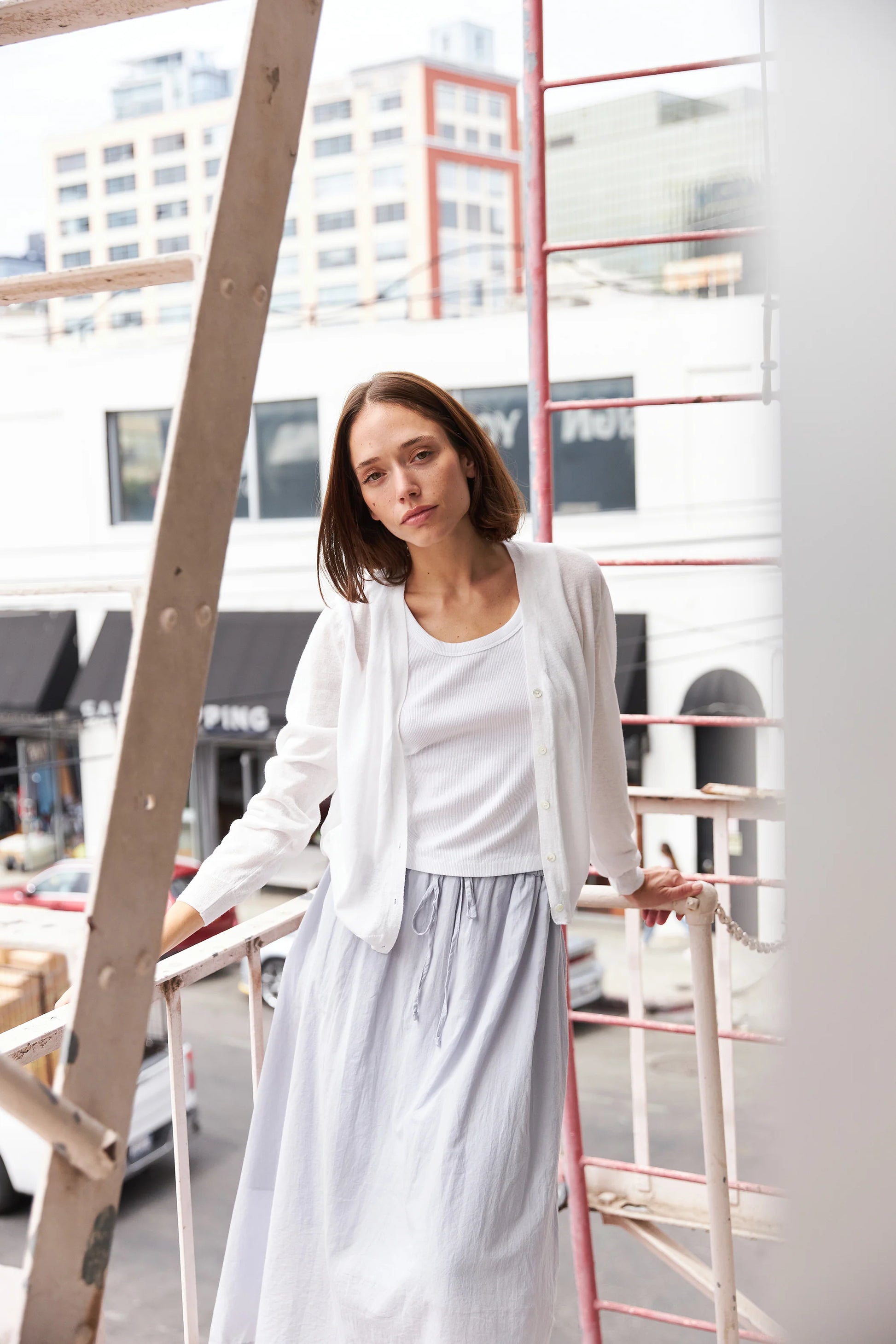 SS24 - It is Well L.S - Light Weight Cardigan in Salt - on model front 1