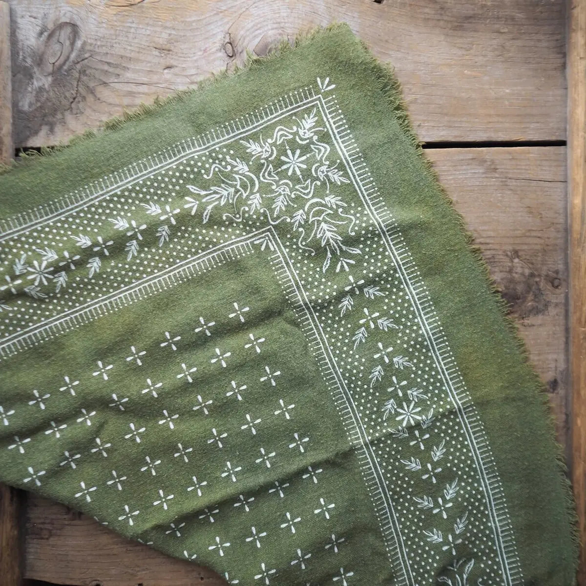 Eco Raw Studio - SS24 - Olive Green Classic Print Naturally Dyed Bandana - White Ink - triangle close -up 2