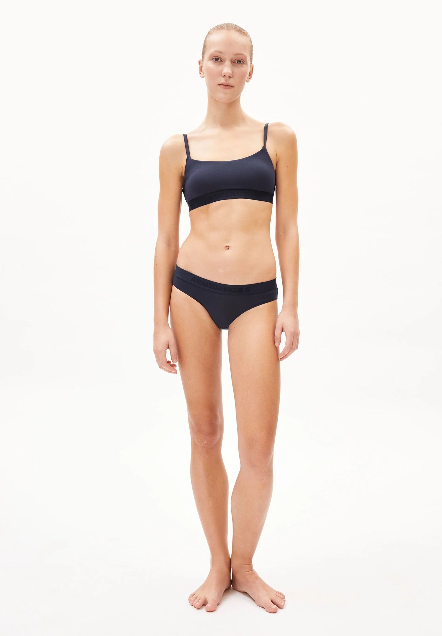 navy blue bra TOVAA Bralette - ARMEDANGELS Canada night sky colour bra on model front view in Kelowna