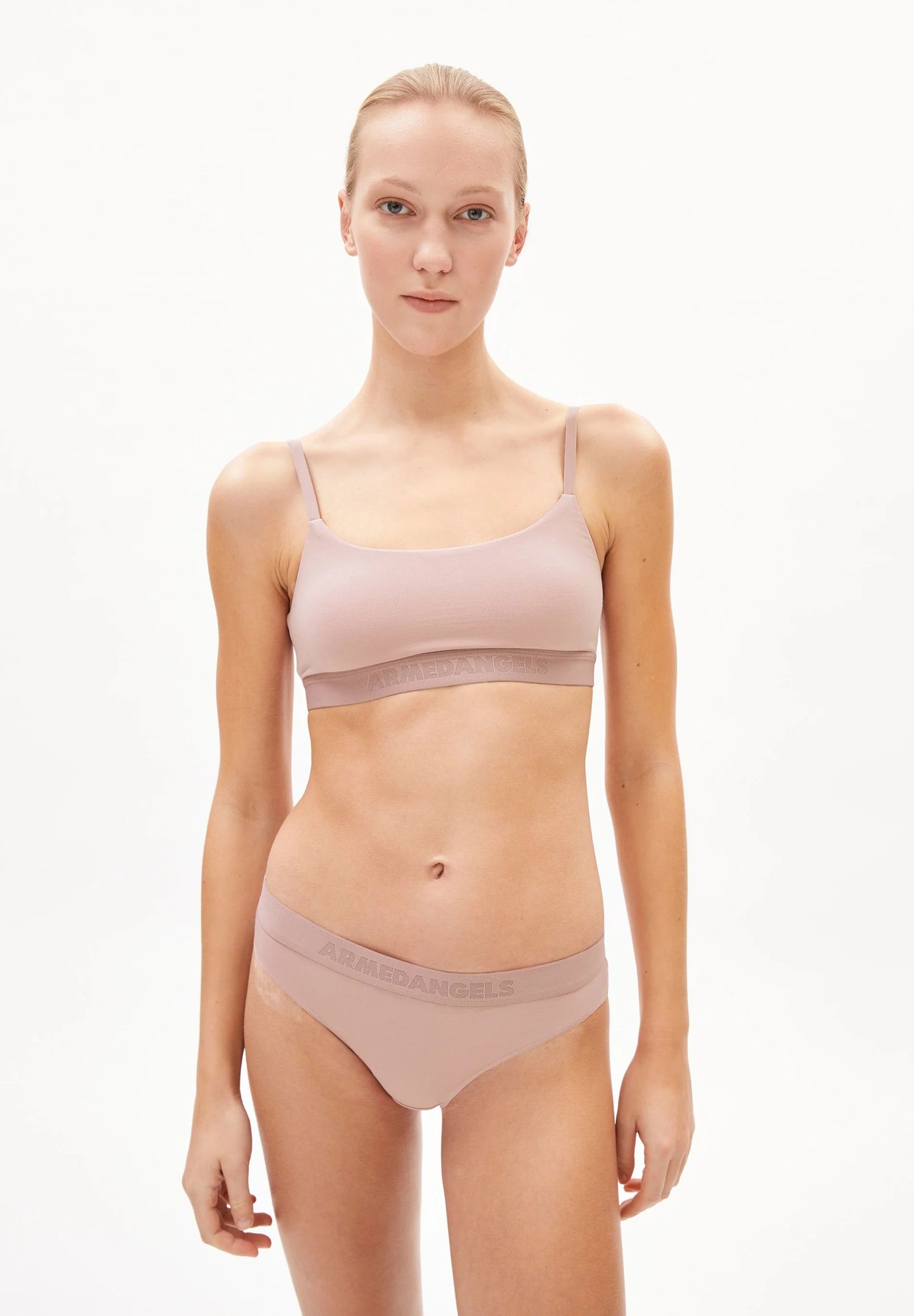 TOVAA Bralette - ARMEDANGELS Canada in grey blush colour front view on model of grey pink bra made from natural fabric in Kelowna