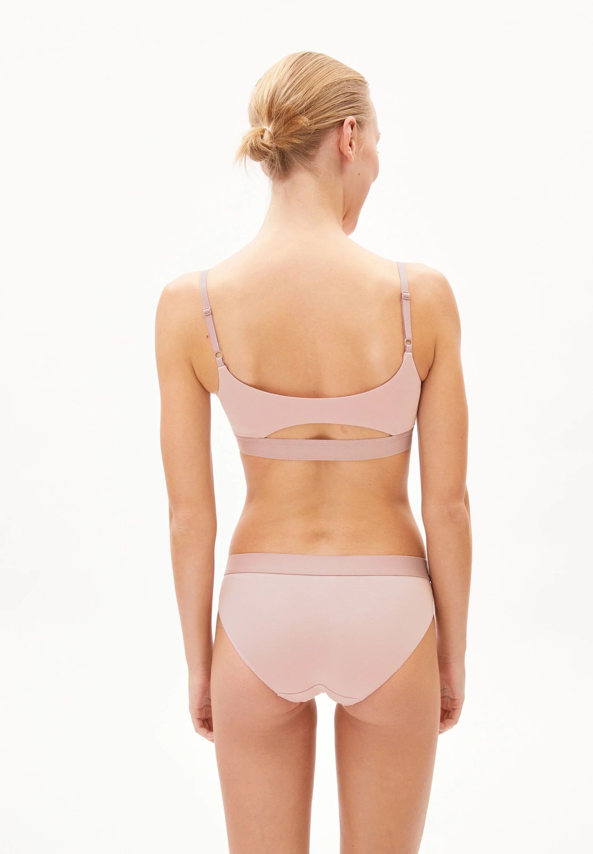 TOVAA Bralette - ARMEDANGELS Canada blush grey pink colour bra back view on model in Kelowna
