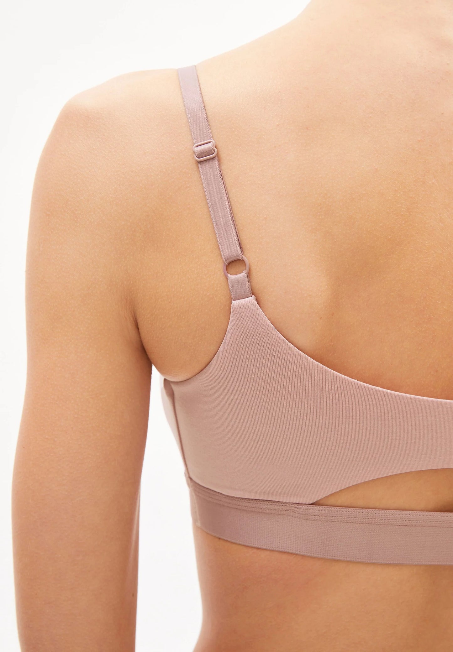 TOVAA Bralette - ARMEDANGELS Canada detailed view of back strap of pink grey bra made from natural fabric in Kelowna