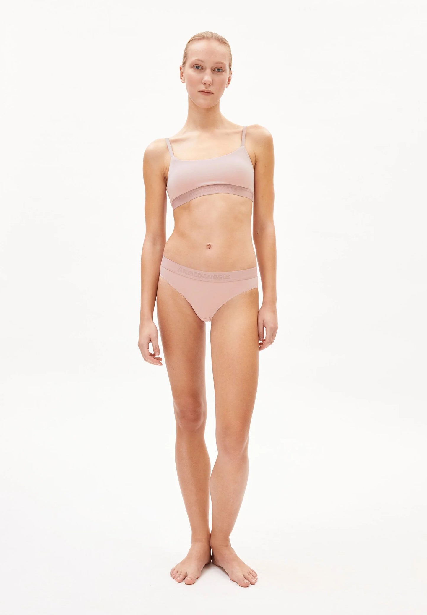 TOVAA Bralette - ARMEDANGELS Canada grey blush pink colour bra on model front view of pink bra made from natural fabric in Kelowna
