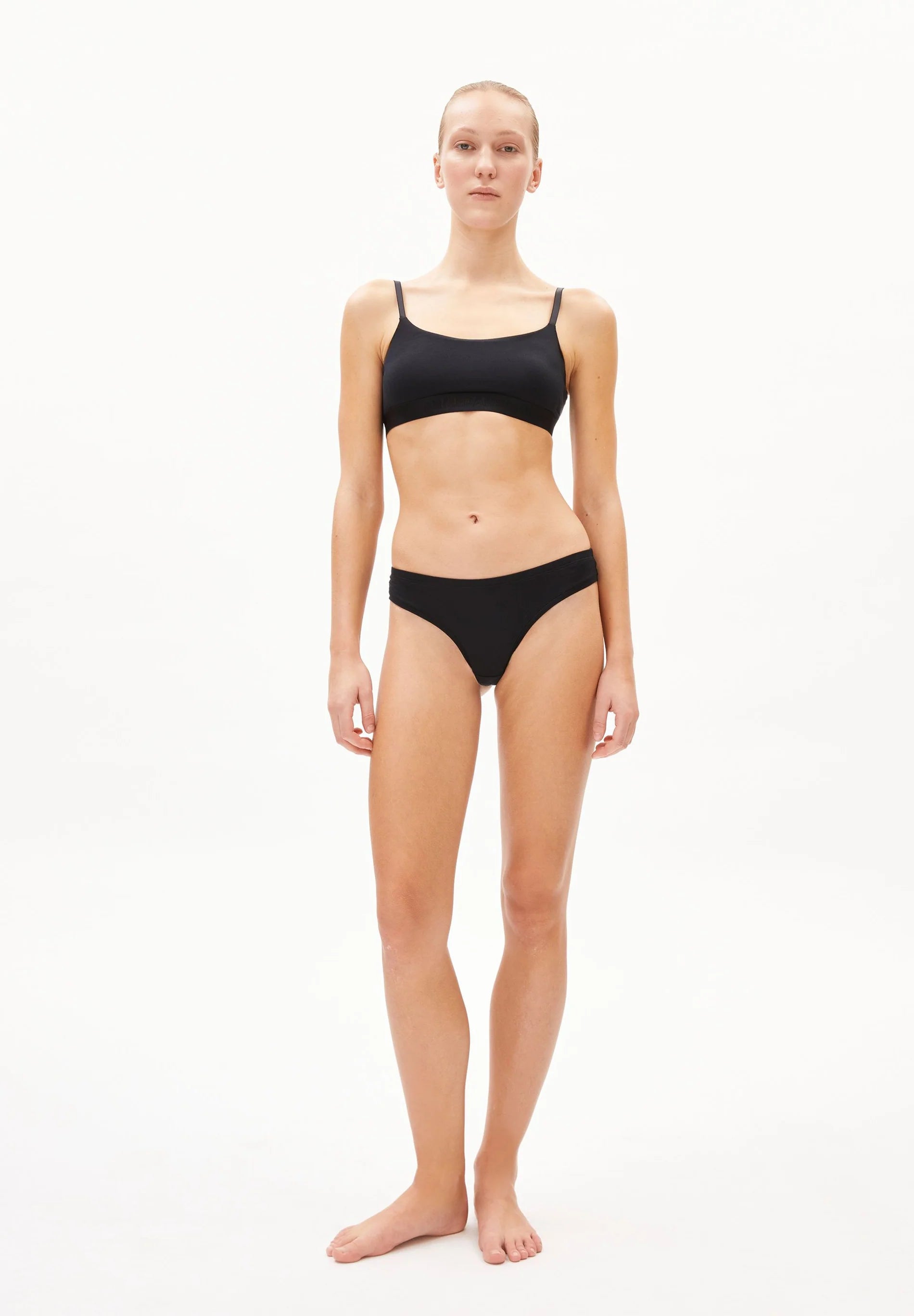 FAARA String Underwear - ARMEDANGELS Canada bikini panties in blush grey front flatlay bikini panties in black on model with matching bra