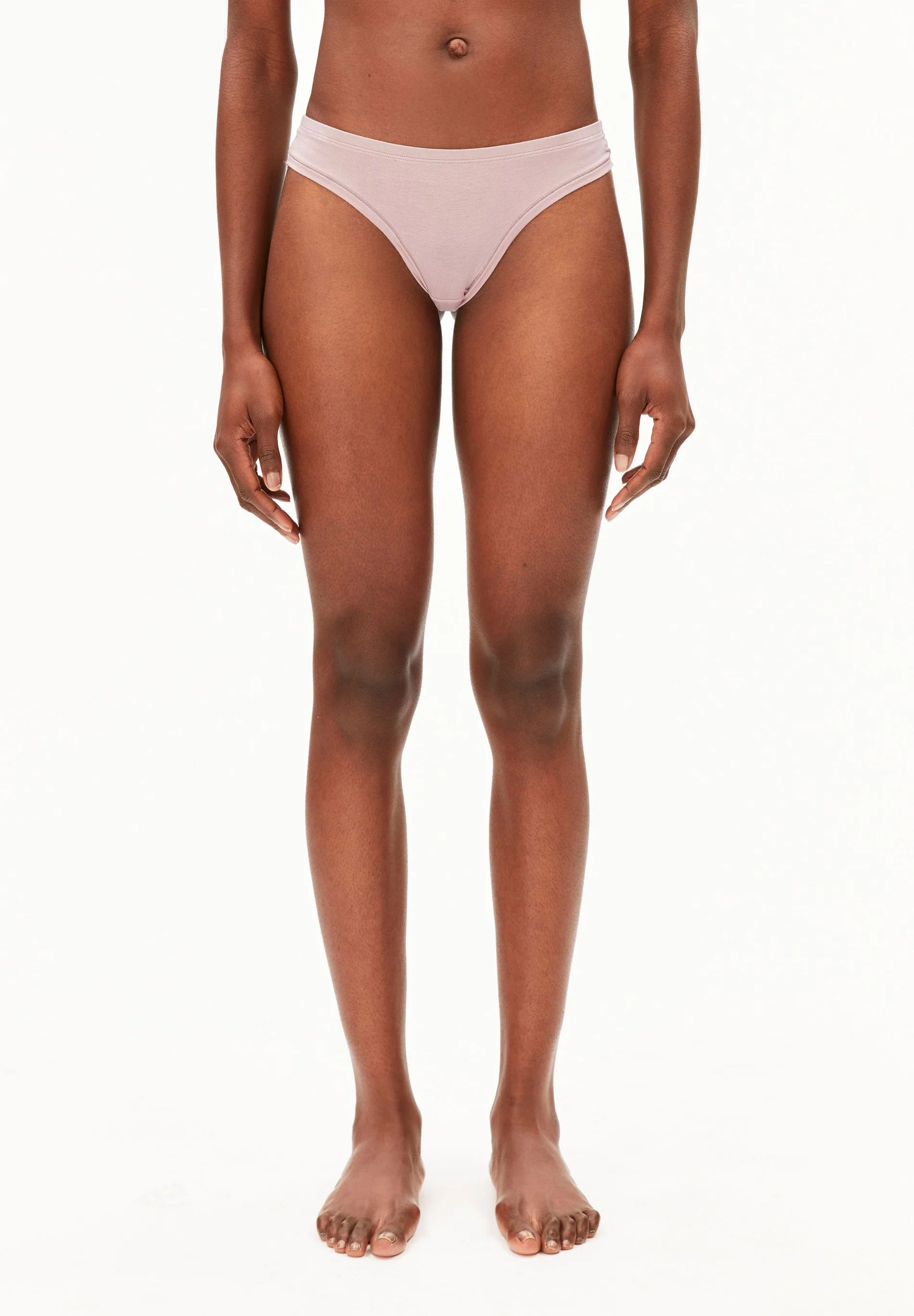 FAARA String Underwear - ARMEDANGELS Canada bikini panties in blush grey front view on model