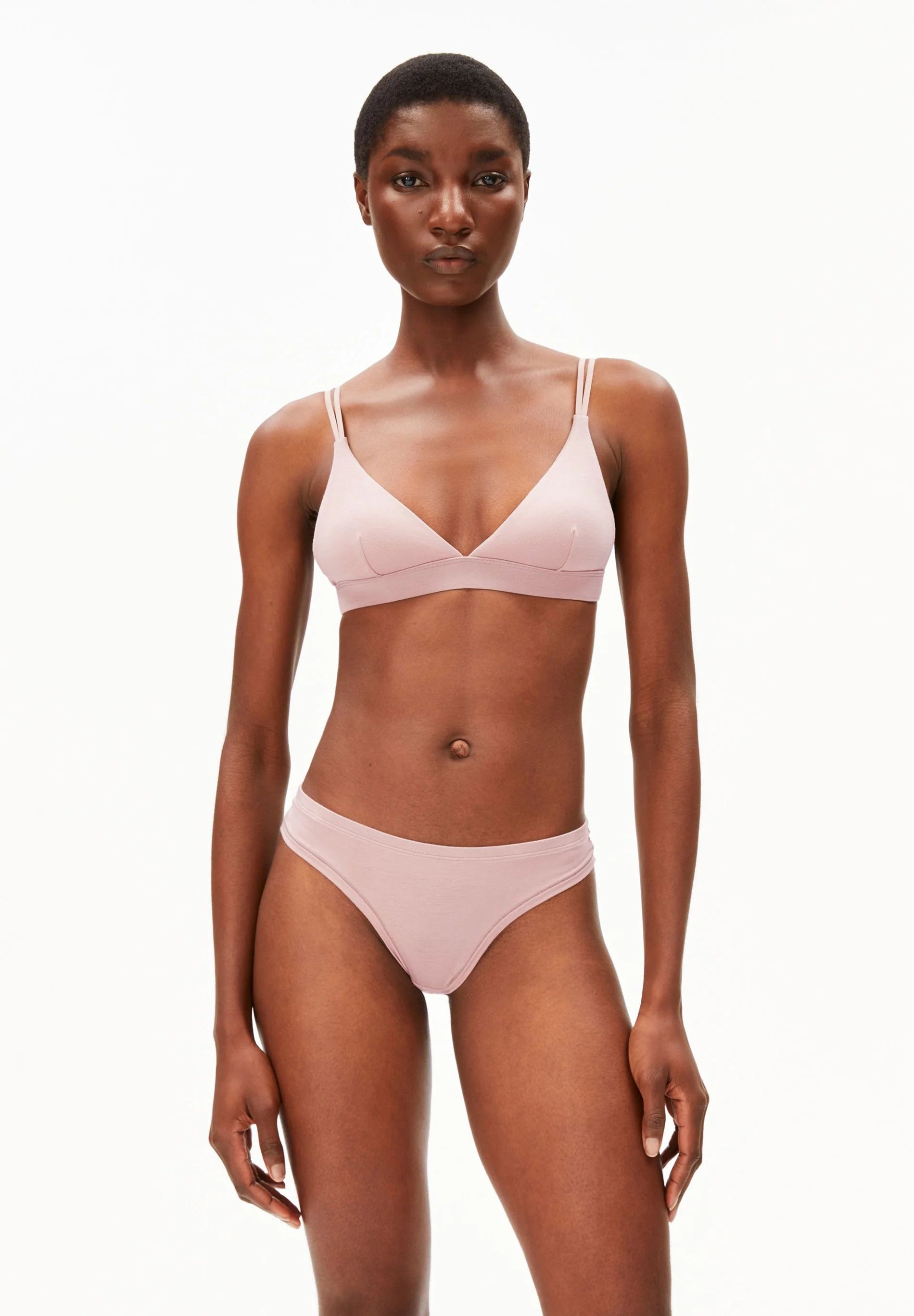 OSILAA Triangle Bralette – ARMEDANGELS Canada in blush grey front view on model with matching panties