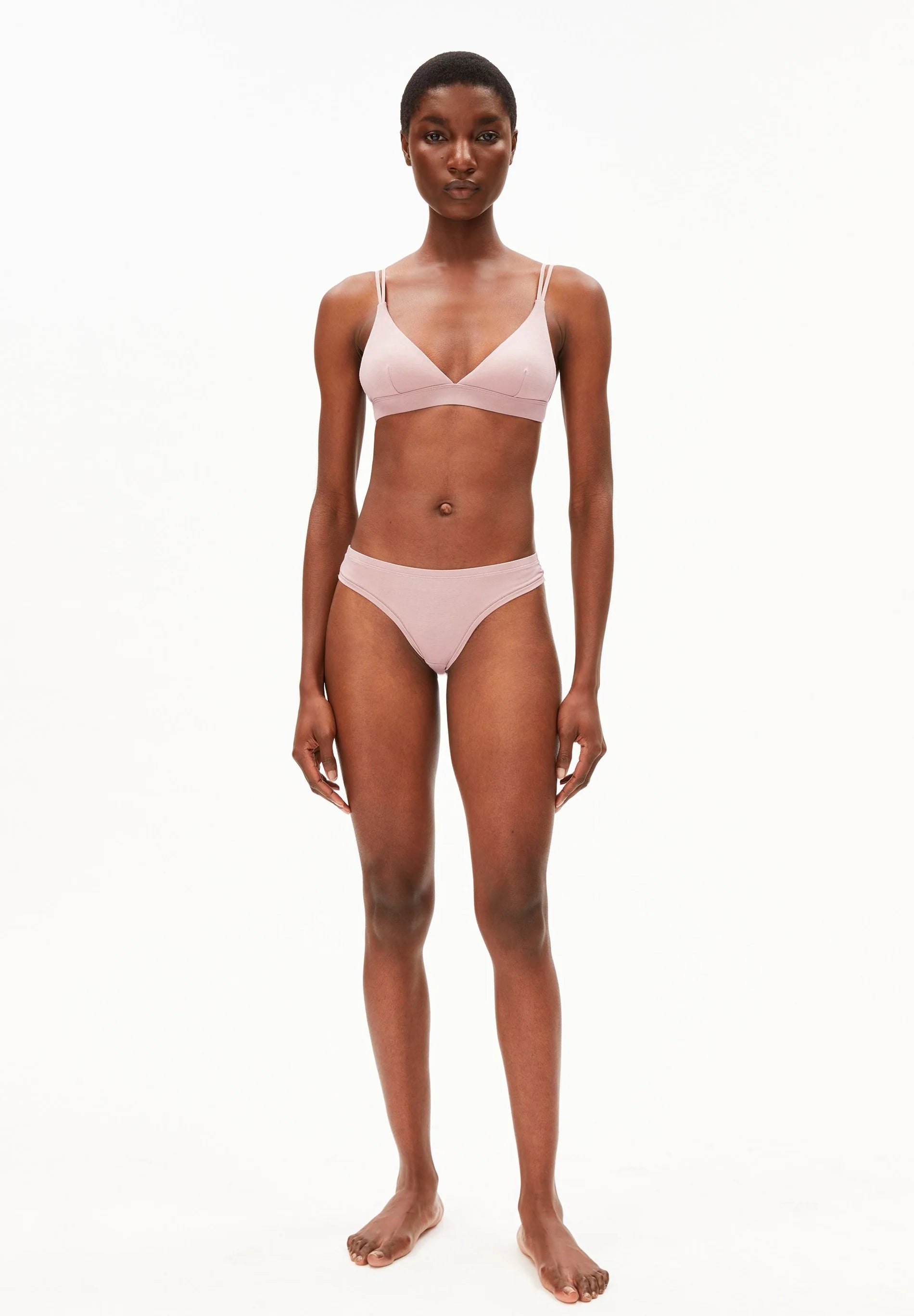 front view on model of OSILAA Triangle Bralette – ARMEDANGELS Canada in blush grey