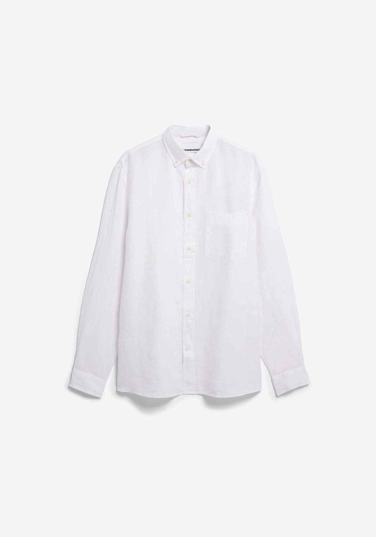 Men's LINEN LONGSLEEVE SHIRT - ARMEDANGELS Canada white men's longsleeve linen shirt front flatlay in Kelowna