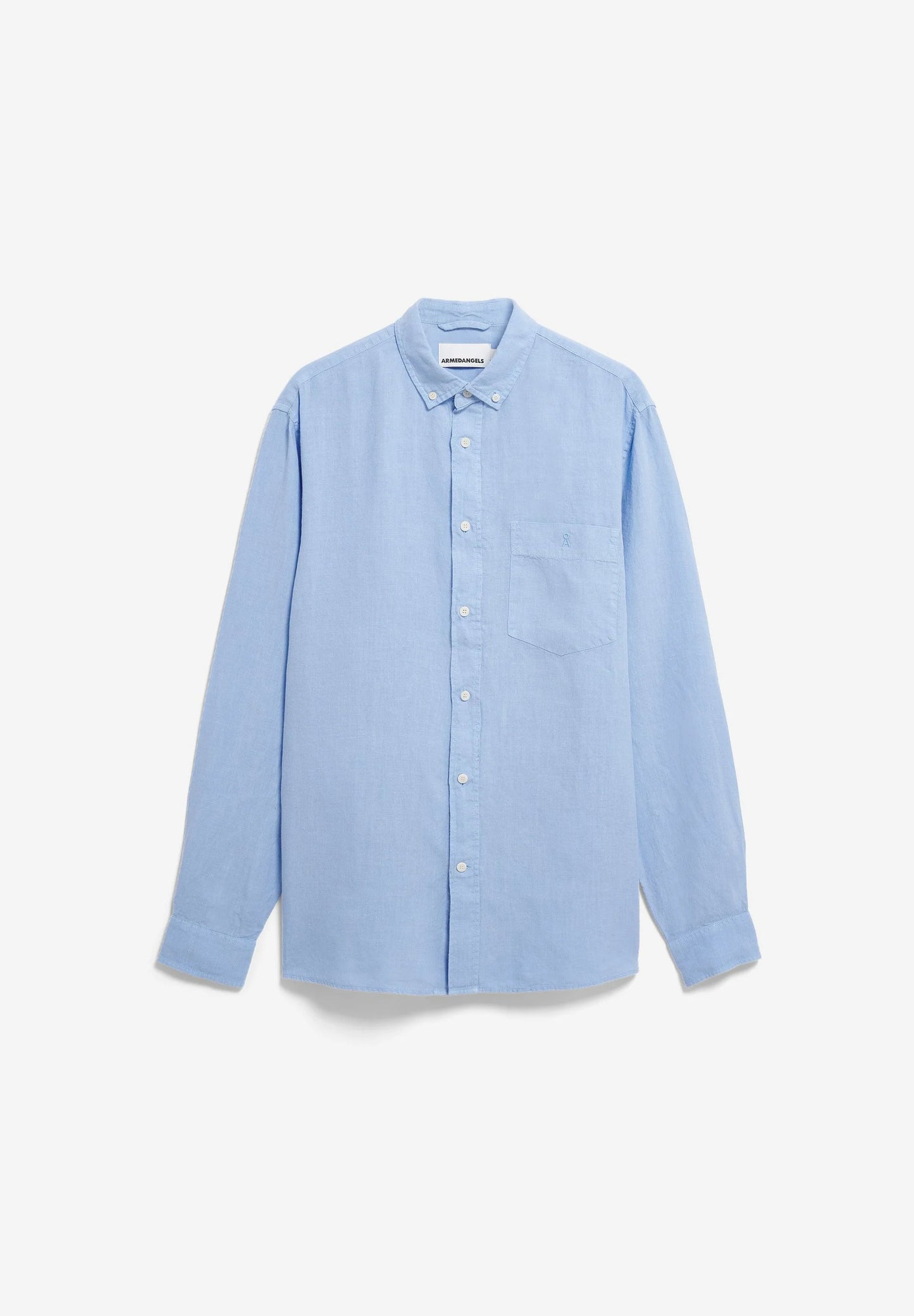 Men's LINEN LONGSLEEVE SHIRT - ARMEDANGELS Canada blue linen long sleeve shirt in Kelowna front flat lay