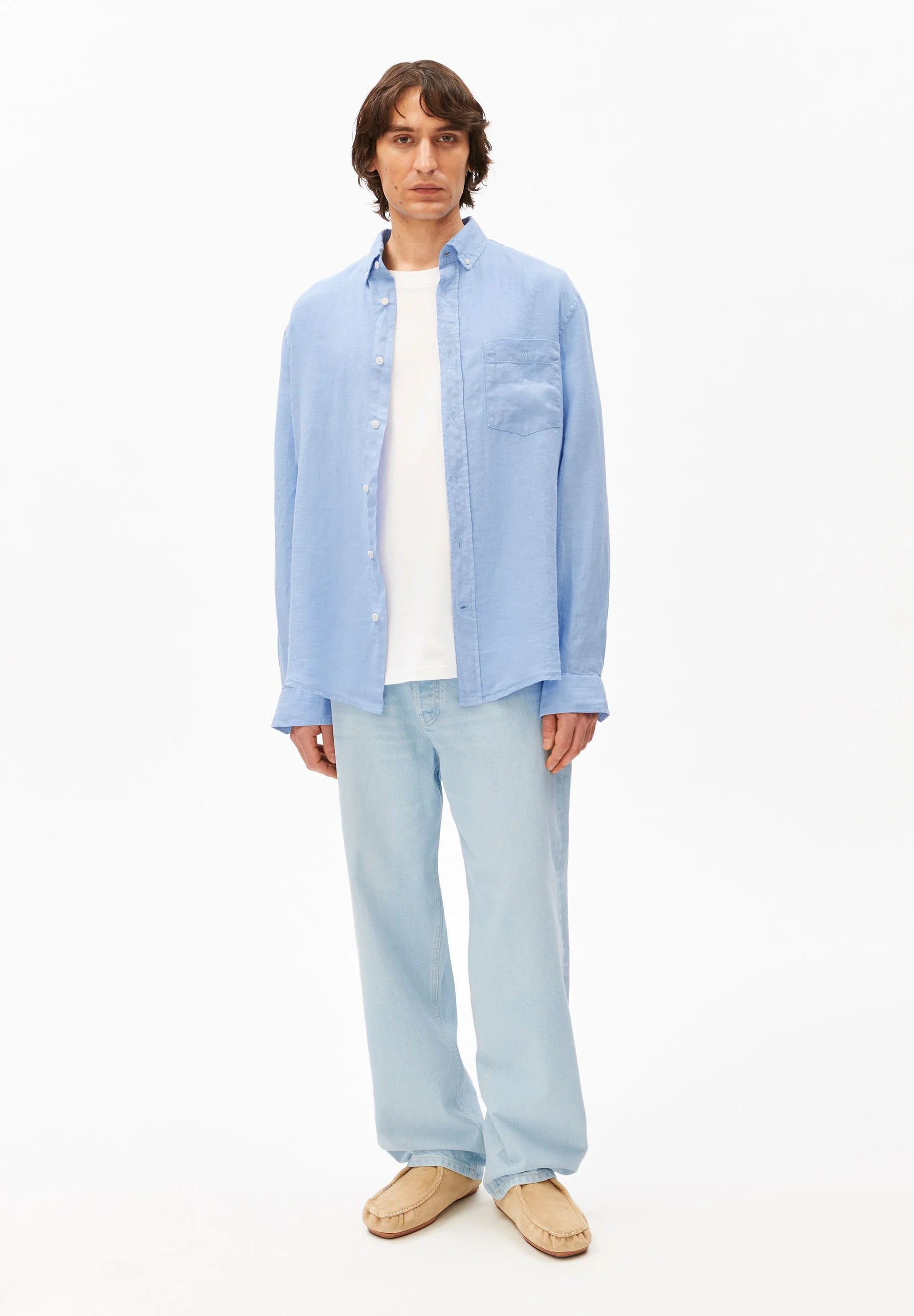 Men's LINEN LONGSLEEVE SHIRT - ARMEDANGELS Canada blue collared shirt in linen with front pocket in Kelowna