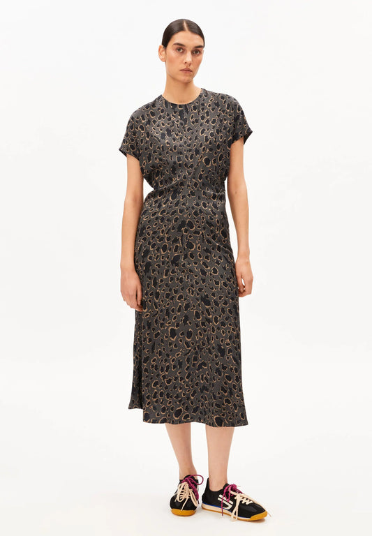 LEO BAT WING MIDI DRESS – ARMEDANGELS Canada leopard print dress Kelowna front view on model