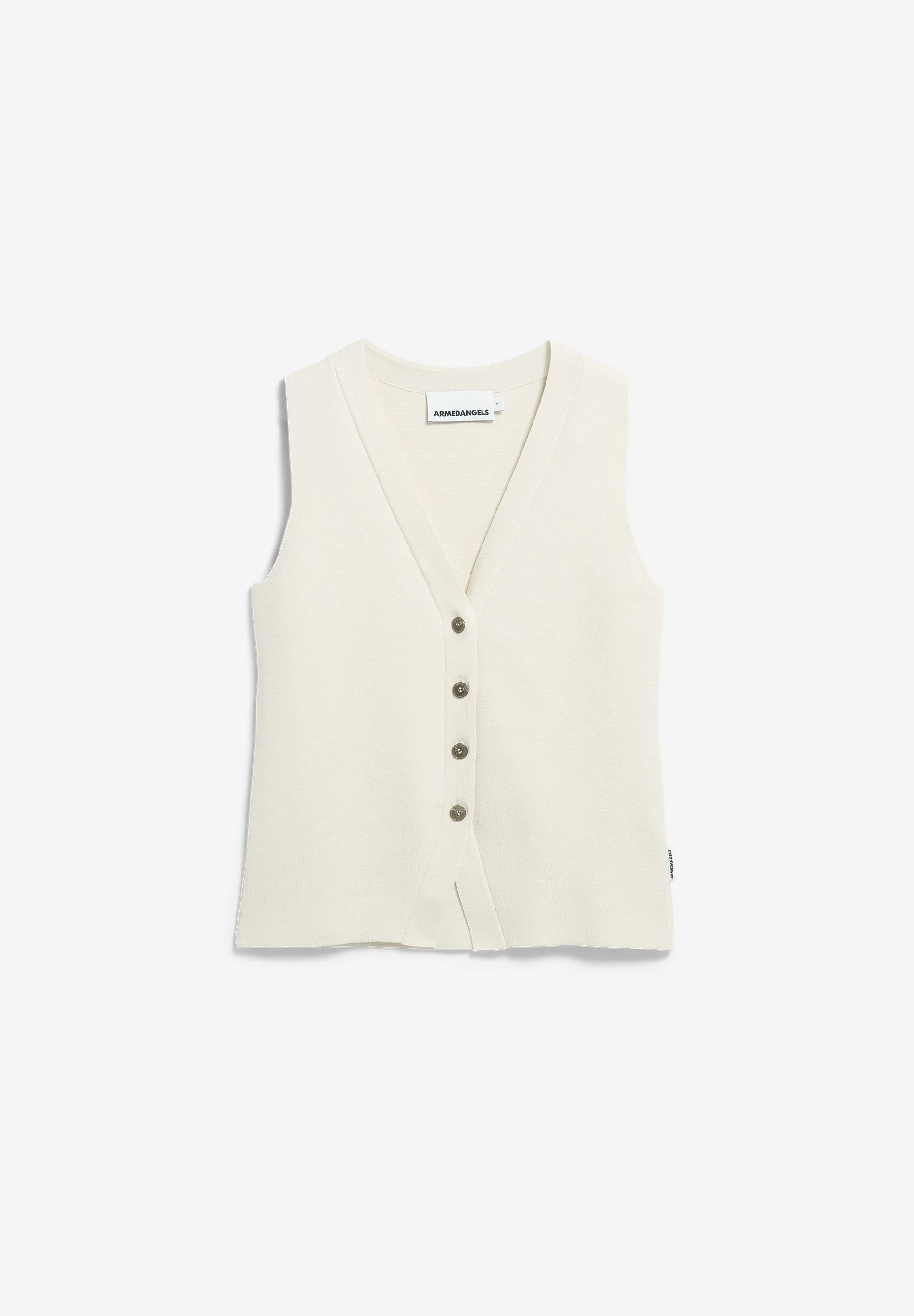 Compact Buttoned Knit Vest in Oatmilk - ARMEDANGELS Canada front flatlay image