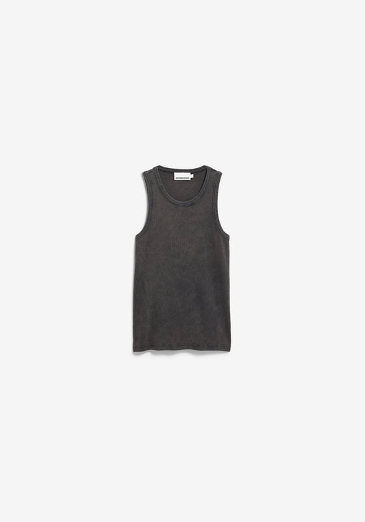 GMT DYE TANK TOP in Black-wash - ARMEDANGELS Canada garment dye black men's tank top flatlay front
