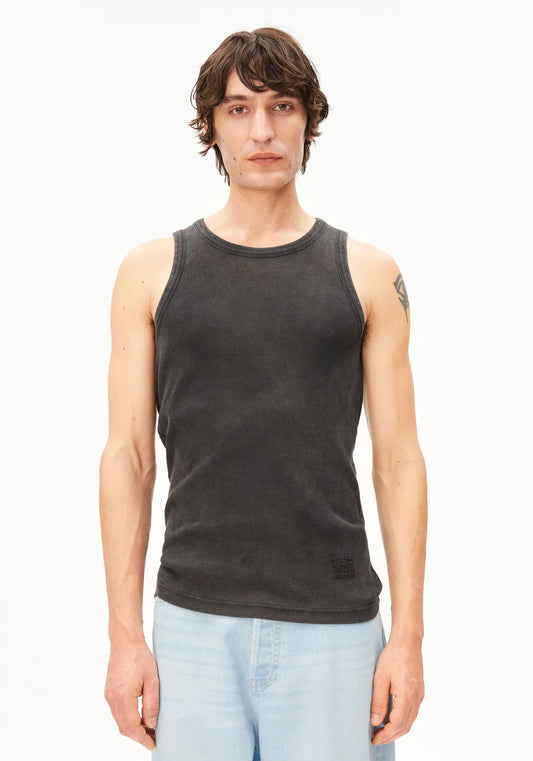 GMT DYE TANK TOP in Black-wash - ARMEDANGELS Canada garment dye black men's tank top front view on model garment dye black