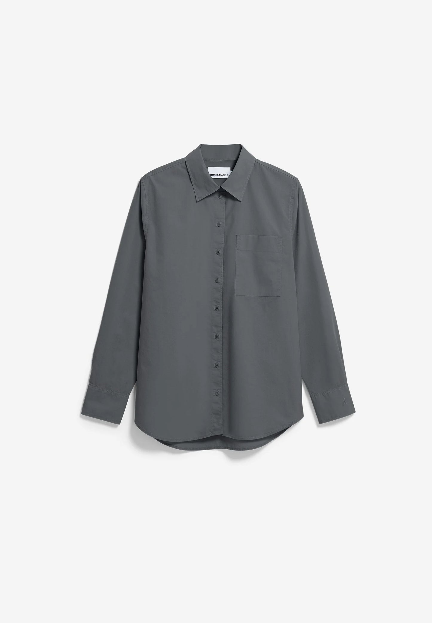 LOOSE POPLIN SHIRT BLOUSE in Space Steel - ARMEDANGELS Canada. Oversized grey button up shirt front flat lay