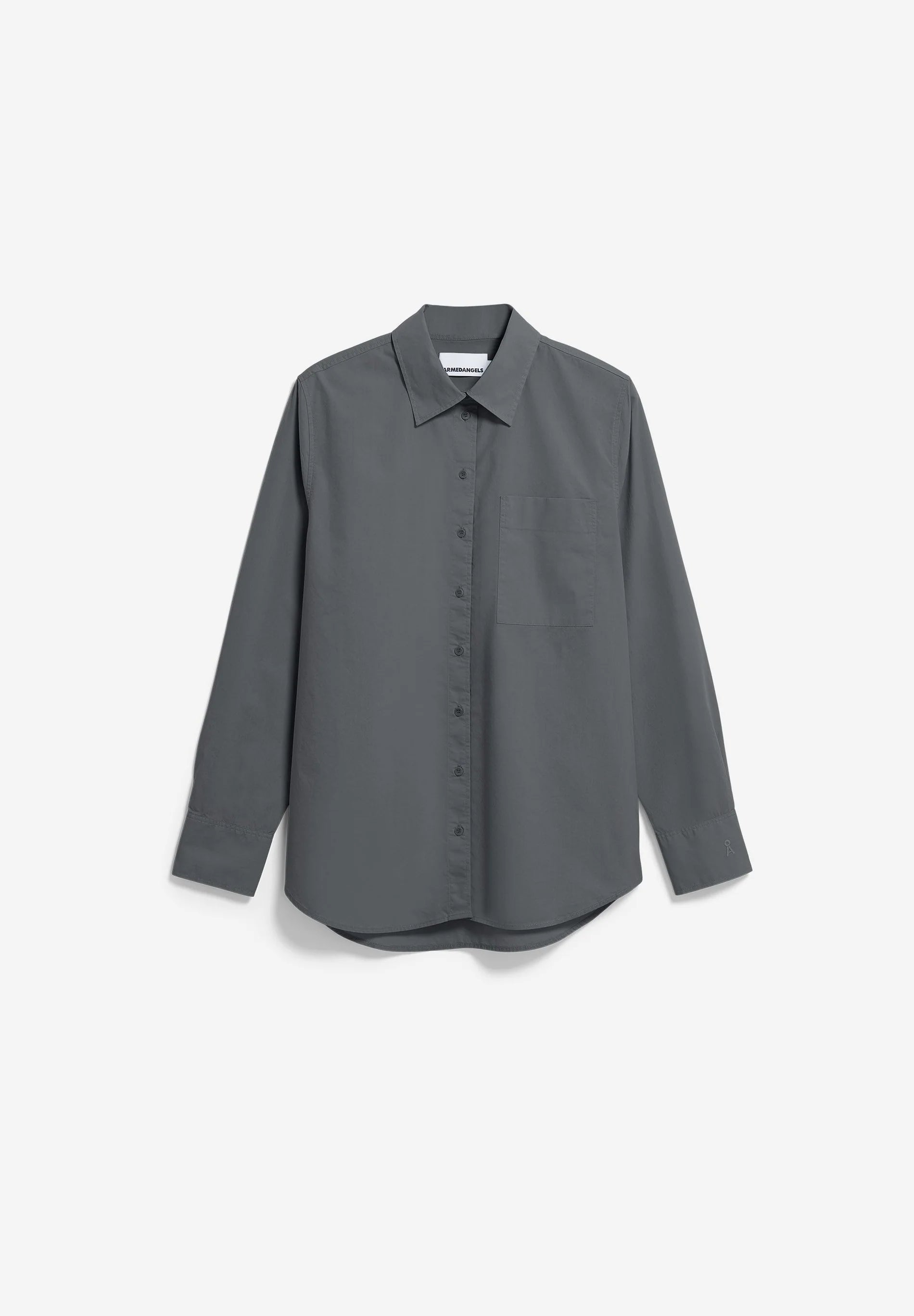 LOOSE POPLIN SHIRT BLOUSE in Space Steel - ARMEDANGELS Canada. Oversized grey button up shirt front flat lay
