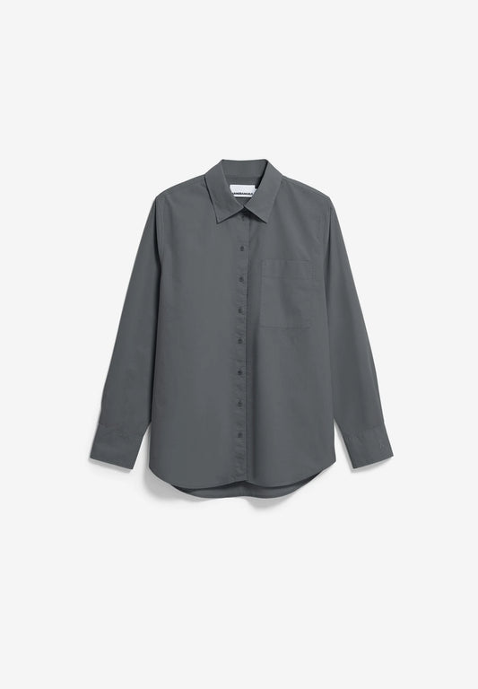 LOOSE POPLIN SHIRT BLOUSE in Space Steel - ARMEDANGELS Canada. Oversized grey button up shirt front flat lay