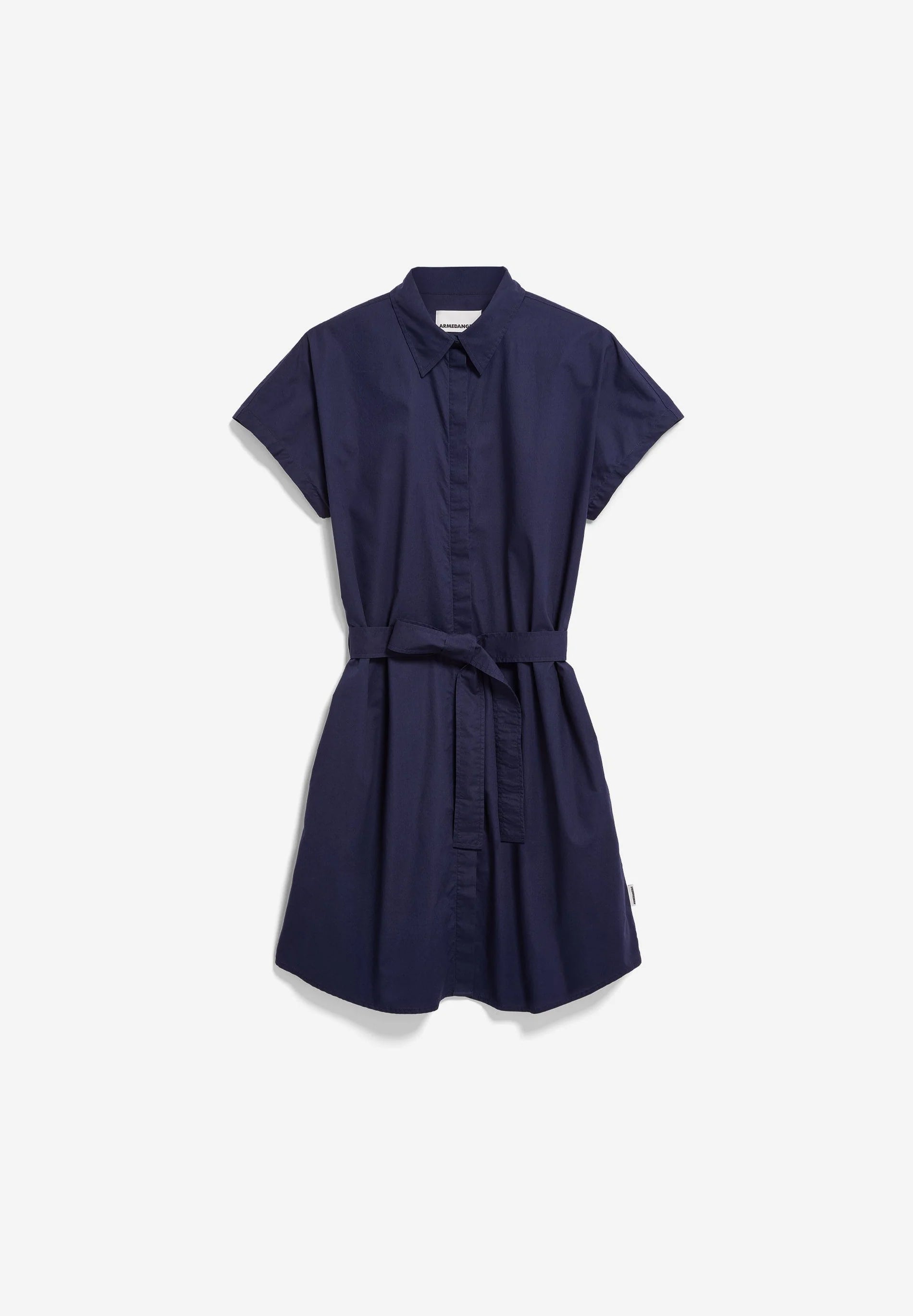 ARMEDANGELS LARISAANA Poplin Mini Dress in Tinted Navy,front flatlay on white background, organic cotton in Kelowna