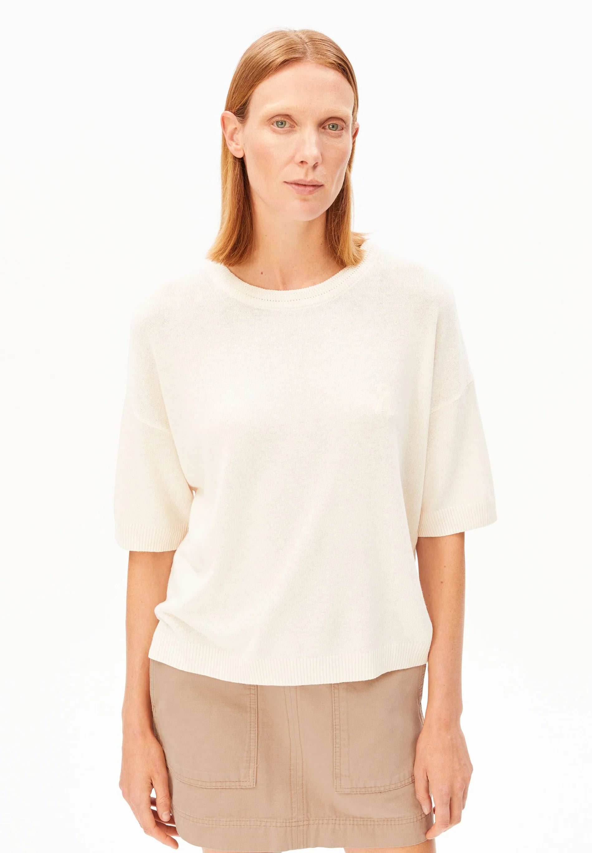 Linen Blend Knit Sweater in Undyed – ARMEDANGELS Canada front view on model