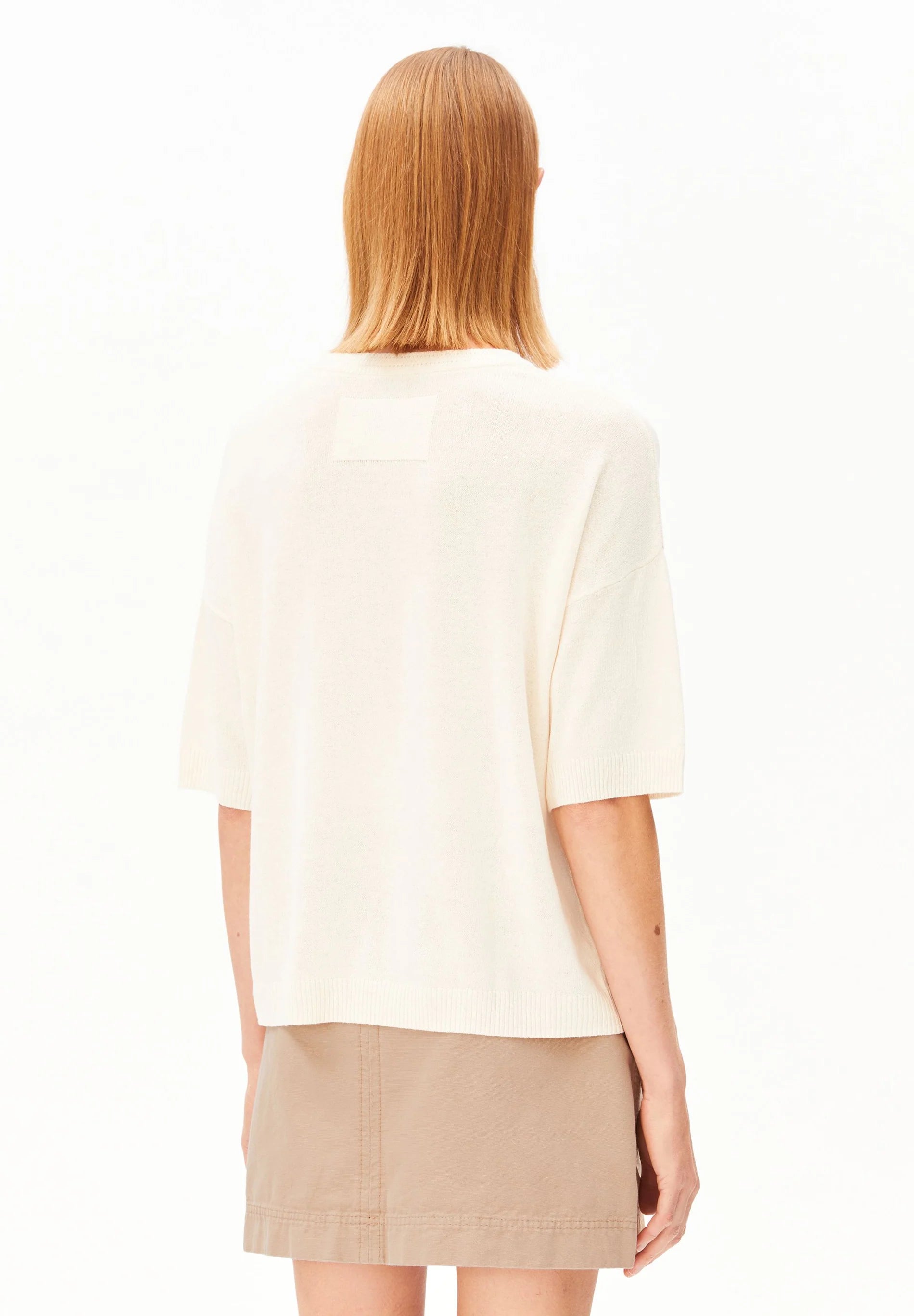 Linen Blend Knit Sweater in Undyed – ARMEDANGELS Canada back view on model
