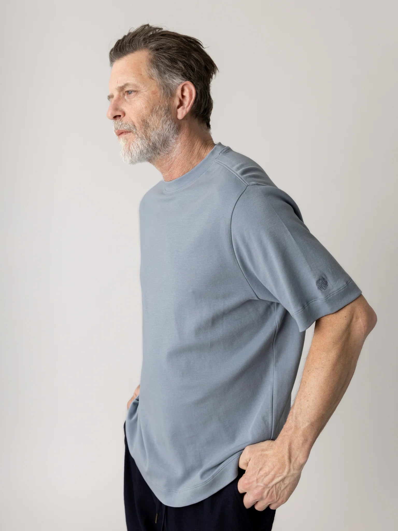 Mos Mosh Gallery men's flint stone colour crew neck cotton t-shirt with short sleeves and subtle chest logo in Kelowna