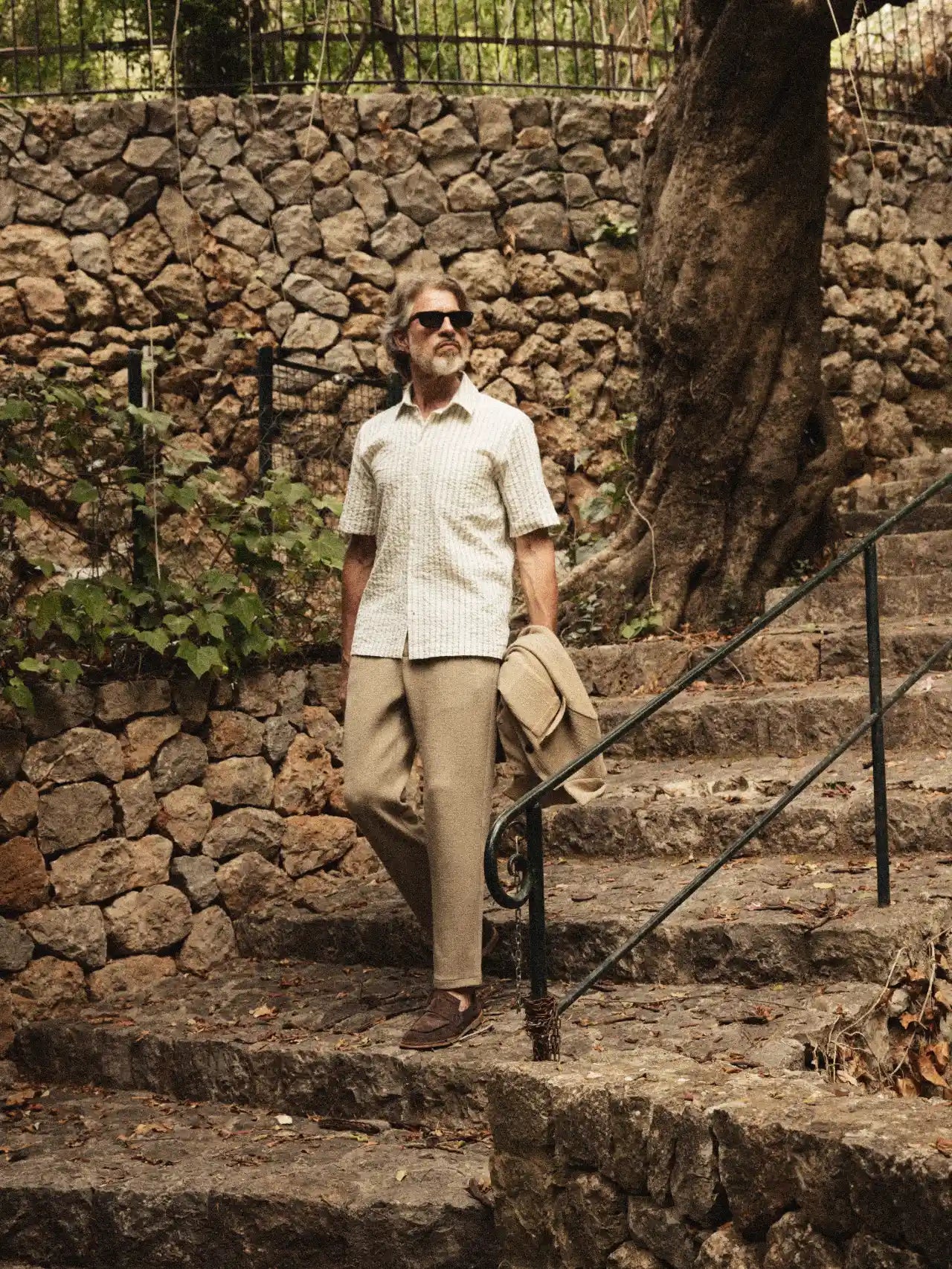 MOS MOSH Gallery Marlon Stripe Shirt Seneca Rock – men's cotton shirt, Canada lifestyle shot of man with matching pants 