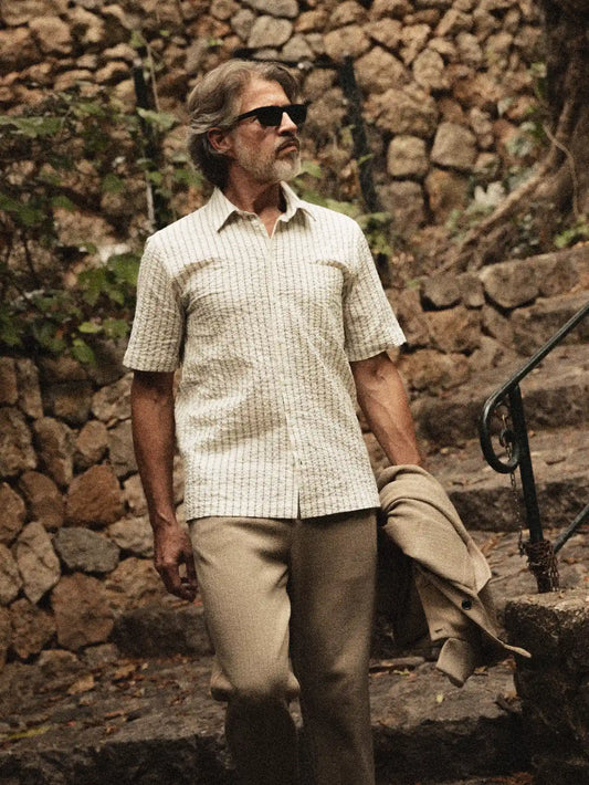 MOS MOSH Gallery Marlon Stripe Shirt Seneca Rock – men's cotton shirt, Canada on model lifestyle shot in Kelowna