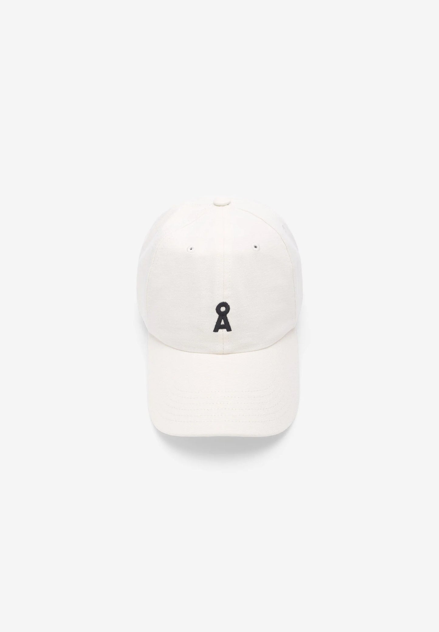White cap with a black logo on a white background