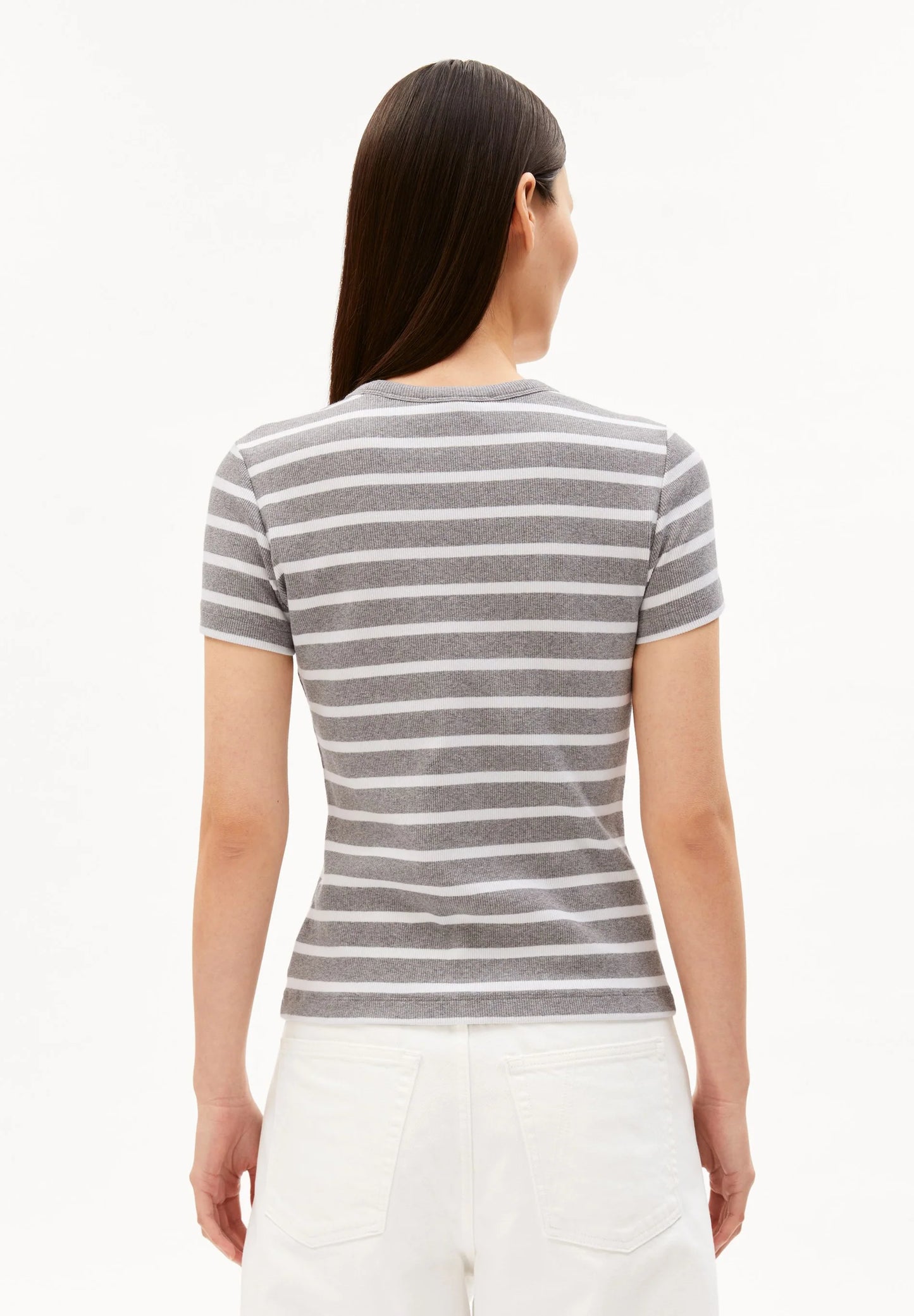 women's ARMEDANGELS KARDAA Ribbed Stripes T-Shirt, back studio shot on model, organic cotton in Kelowna