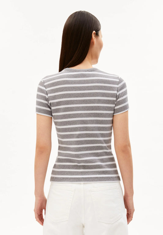 women's ARMEDANGELS KARDAA Ribbed Stripes T-Shirt, back studio shot on model, organic cotton in Kelowna