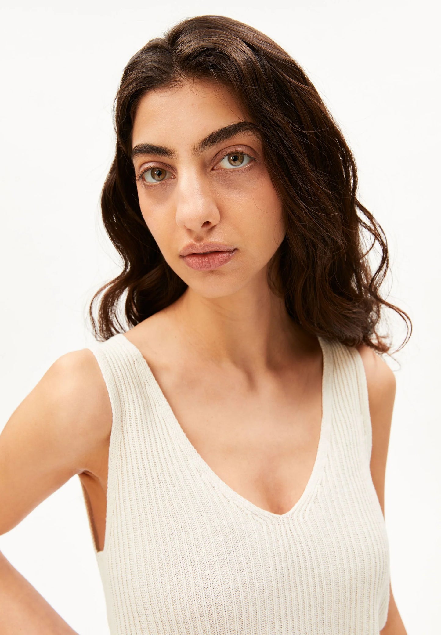 ARMEDANGELS Canada women's Linen Blend Knit Top in Undyed natural front shot closeup on model in Kelowna