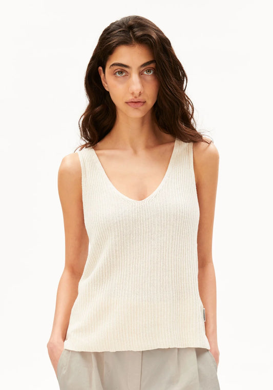ARMEDANGELS Canada women's Linen Blend Knit Top in Undyed natural front shot on model in Kelowna