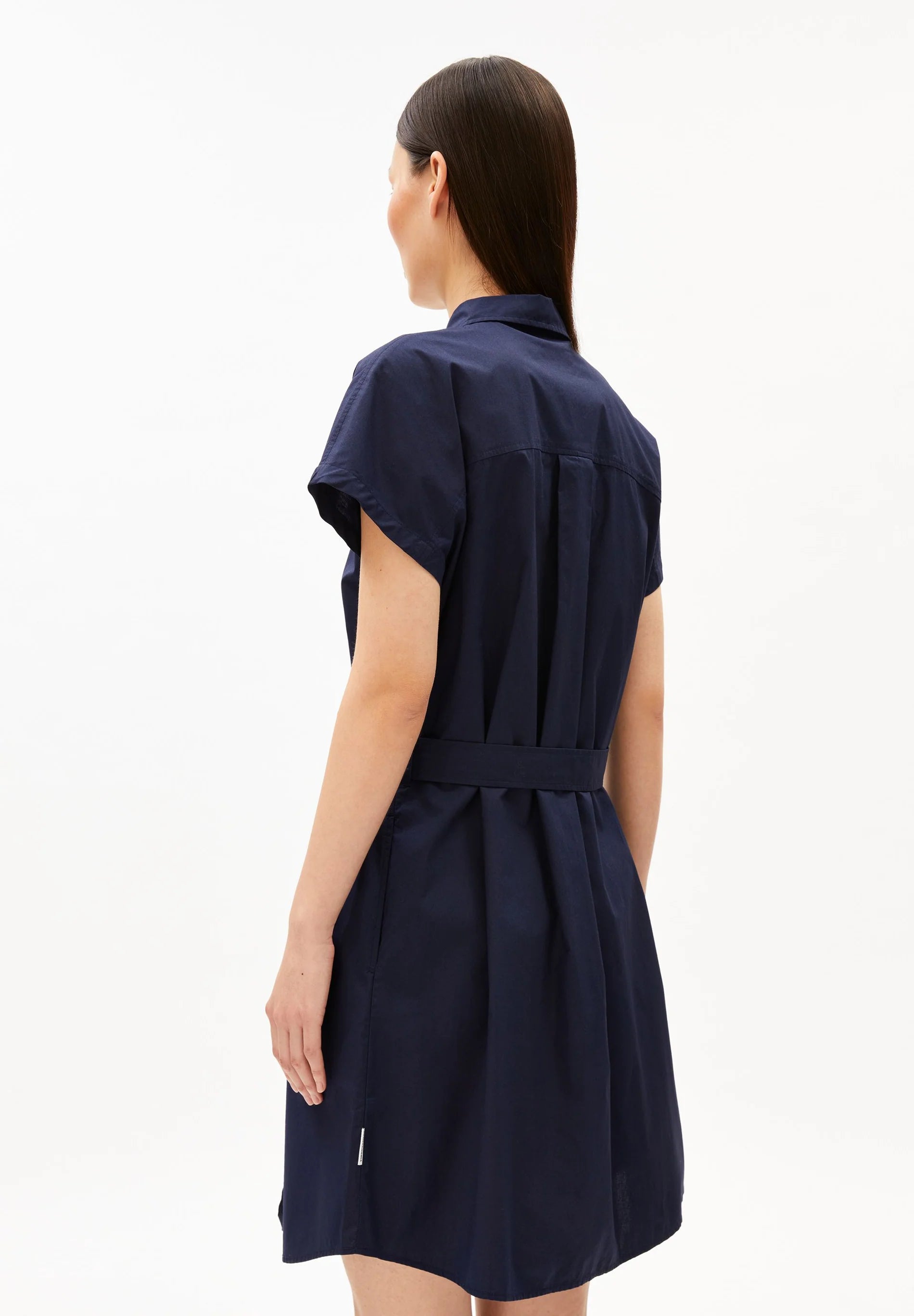 ARMEDANGELS LARISAANA Poplin Mini Dress in Tinted Navy, back shot, organic cotton in Kelowna