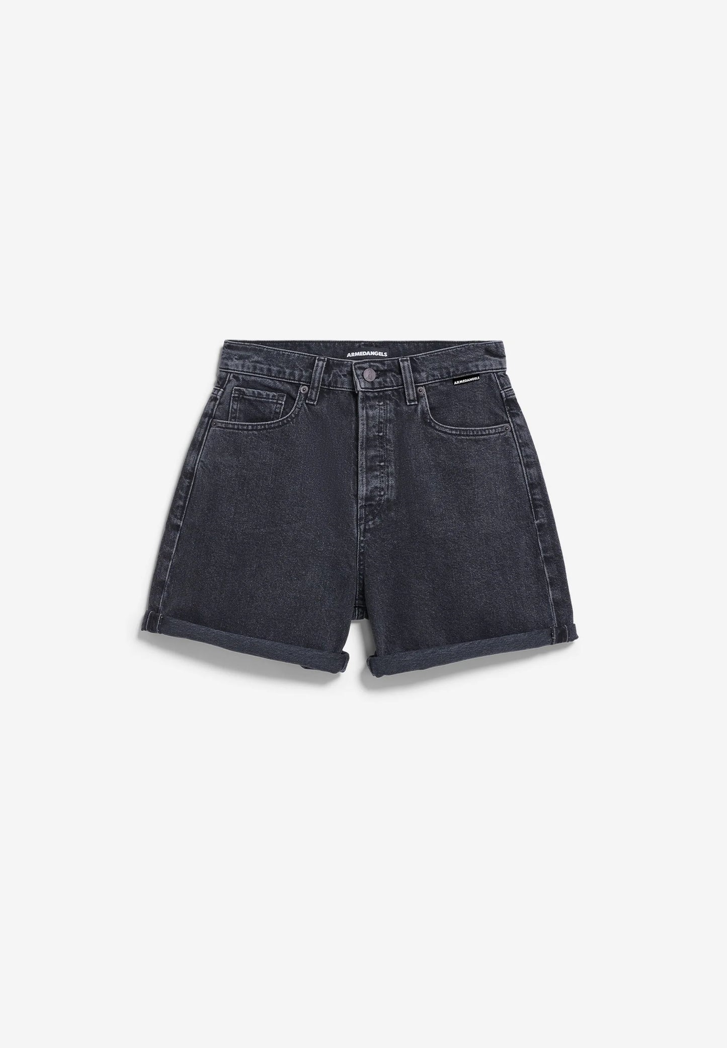 Black denim shorts on a white background for Kelowna and Canada