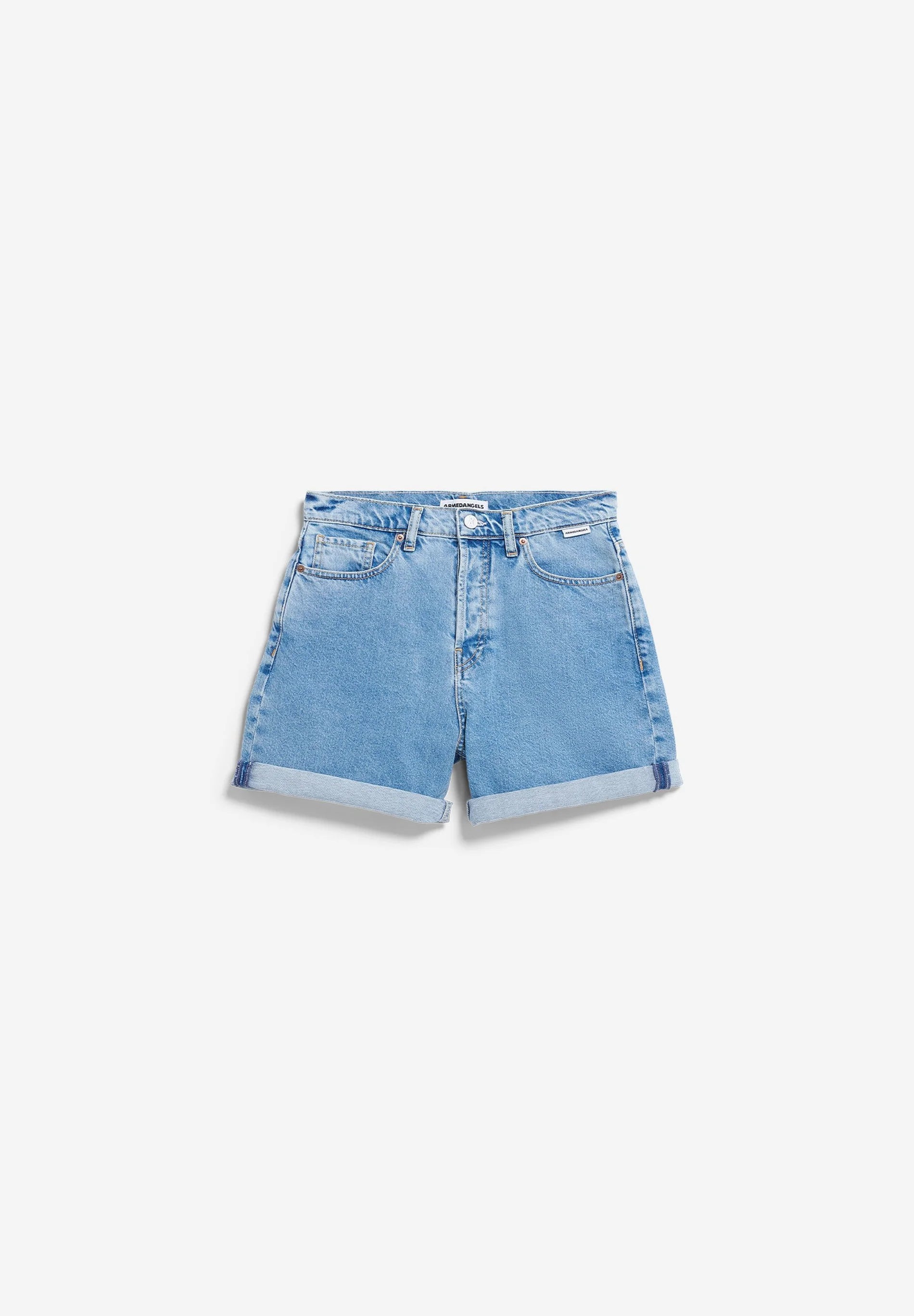 Light blue denim shorts on a white background for Kelowna and Canada