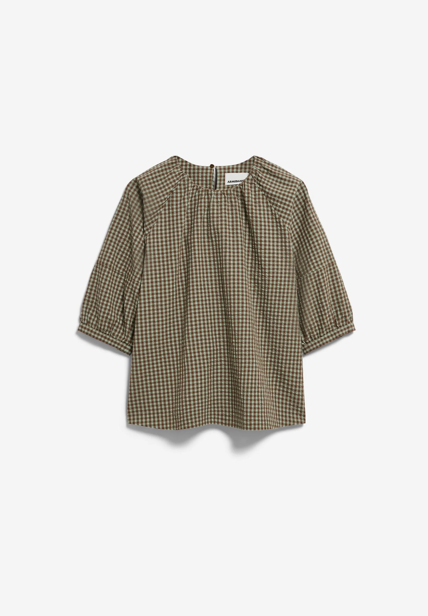 Full flat lay of green and brown checked 3/4 length sleeve shirt