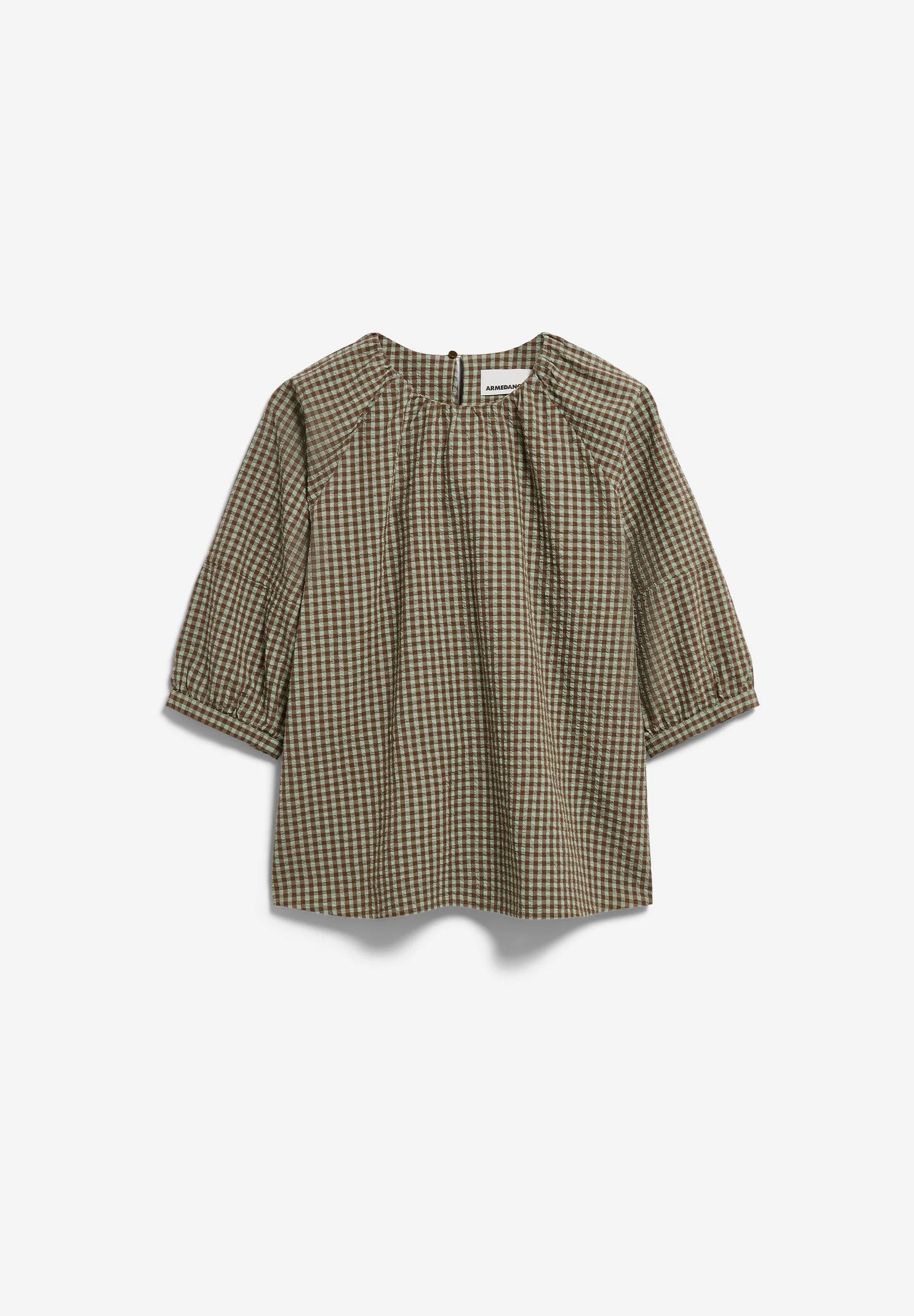 Full flat lay of green and brown checked 3/4 length sleeve shirt