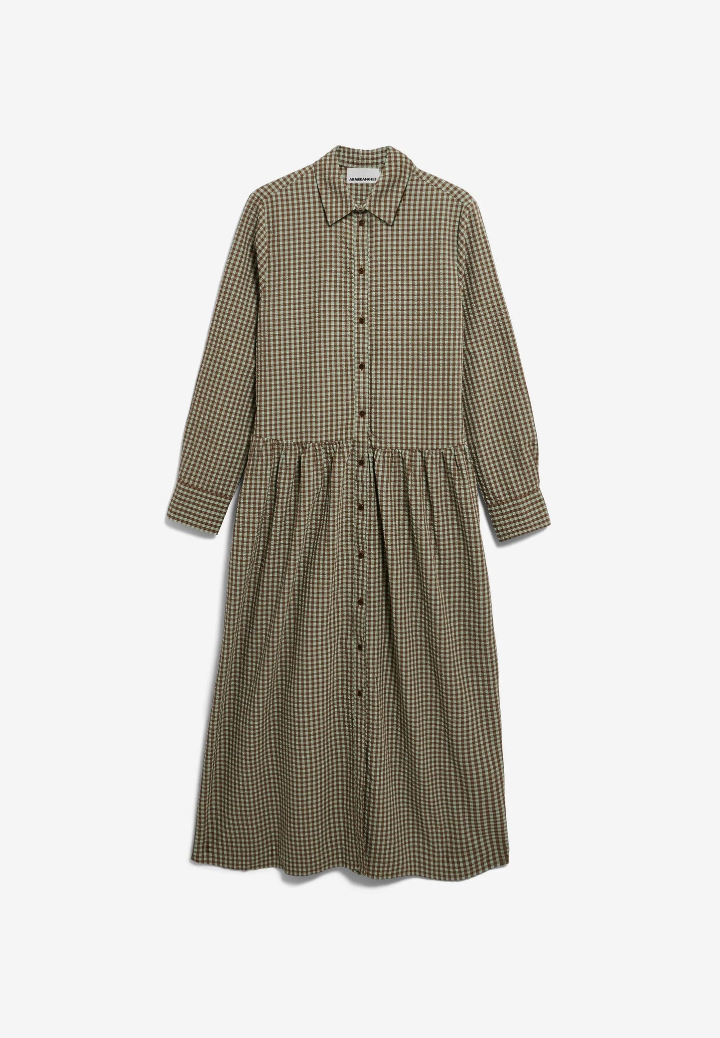 Flat lay of long green and brown check button down collar dress for Kelowna and Canada