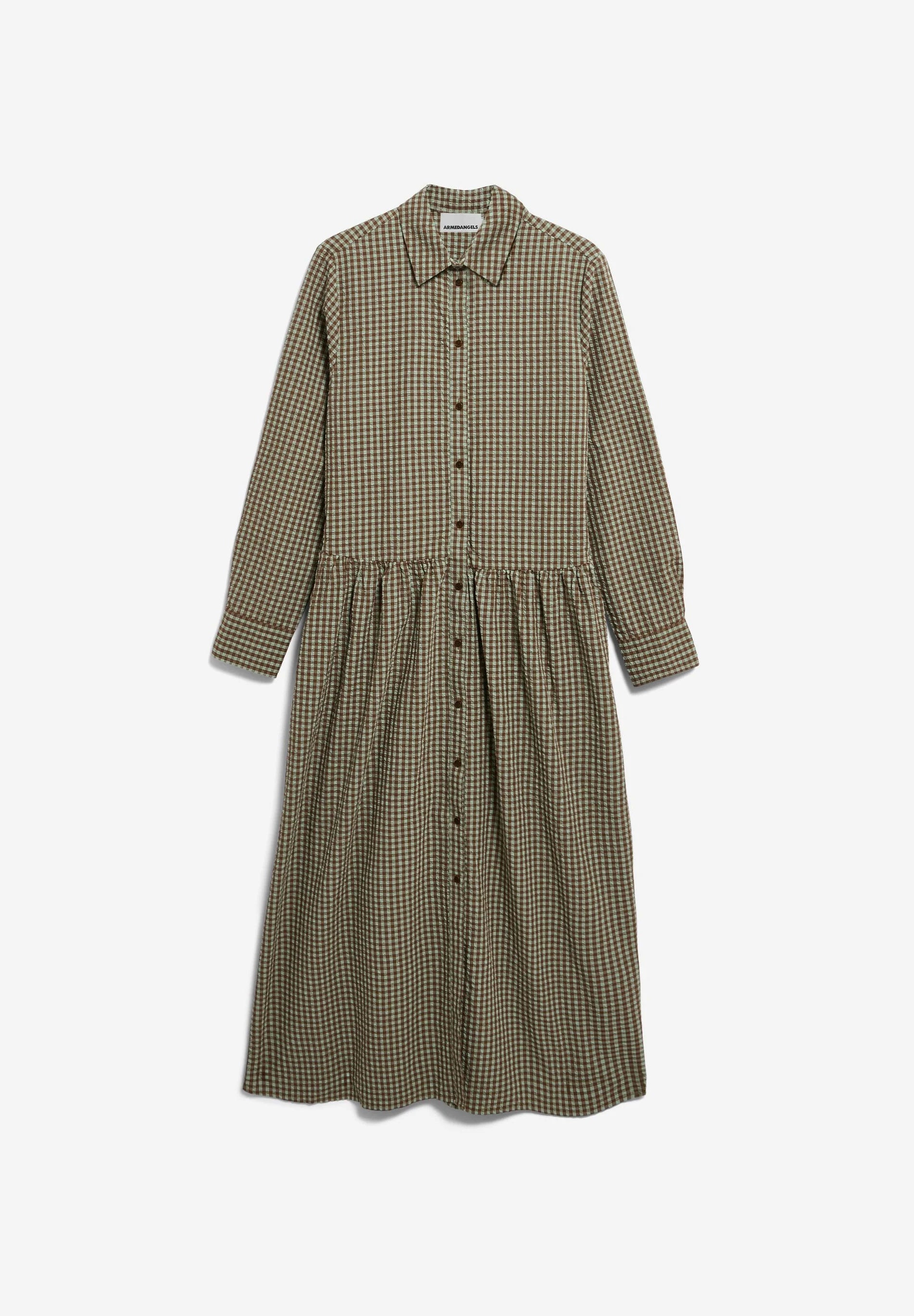 Flat lay of long green and brown check button down collar dress for Kelowna and Canada
