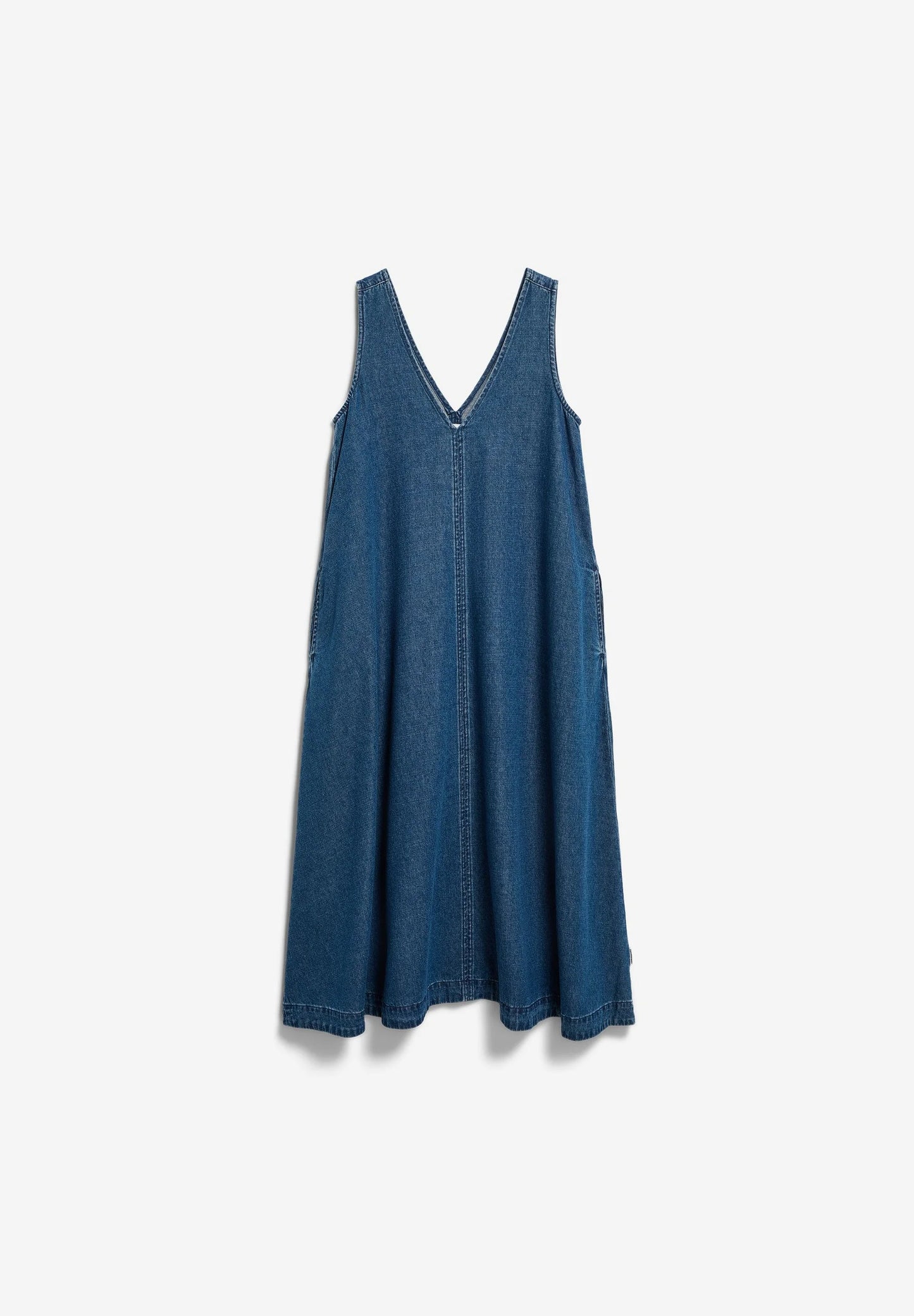 women's ARMEDANGELS Canada Denim V-Neck Midi Dress in Eau, front view flatlay in Kelowna