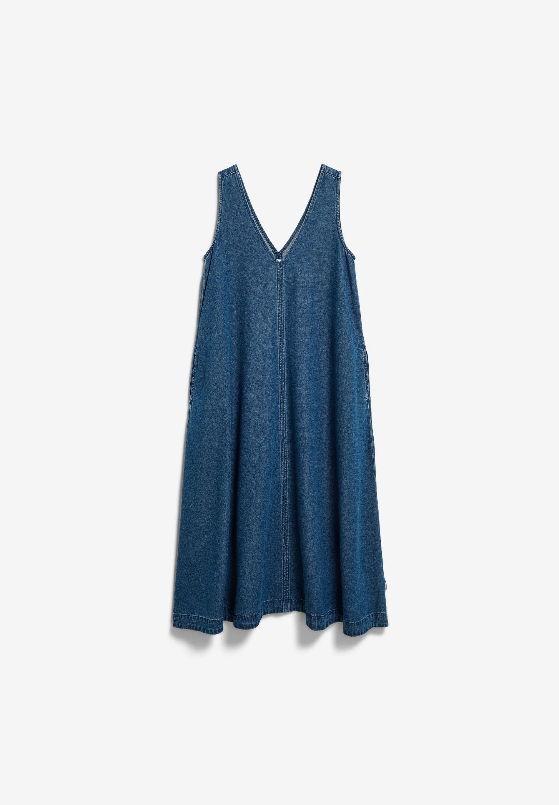 women's ARMEDANGELS Canada Denim V-Neck Midi Dress in Eau, front view flatlay in Kelowna